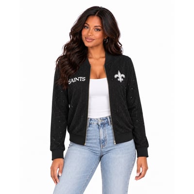New Orleans Saints FABGATING by Cuce Women's Crystal Full-Zip Bomber Jacket - Black