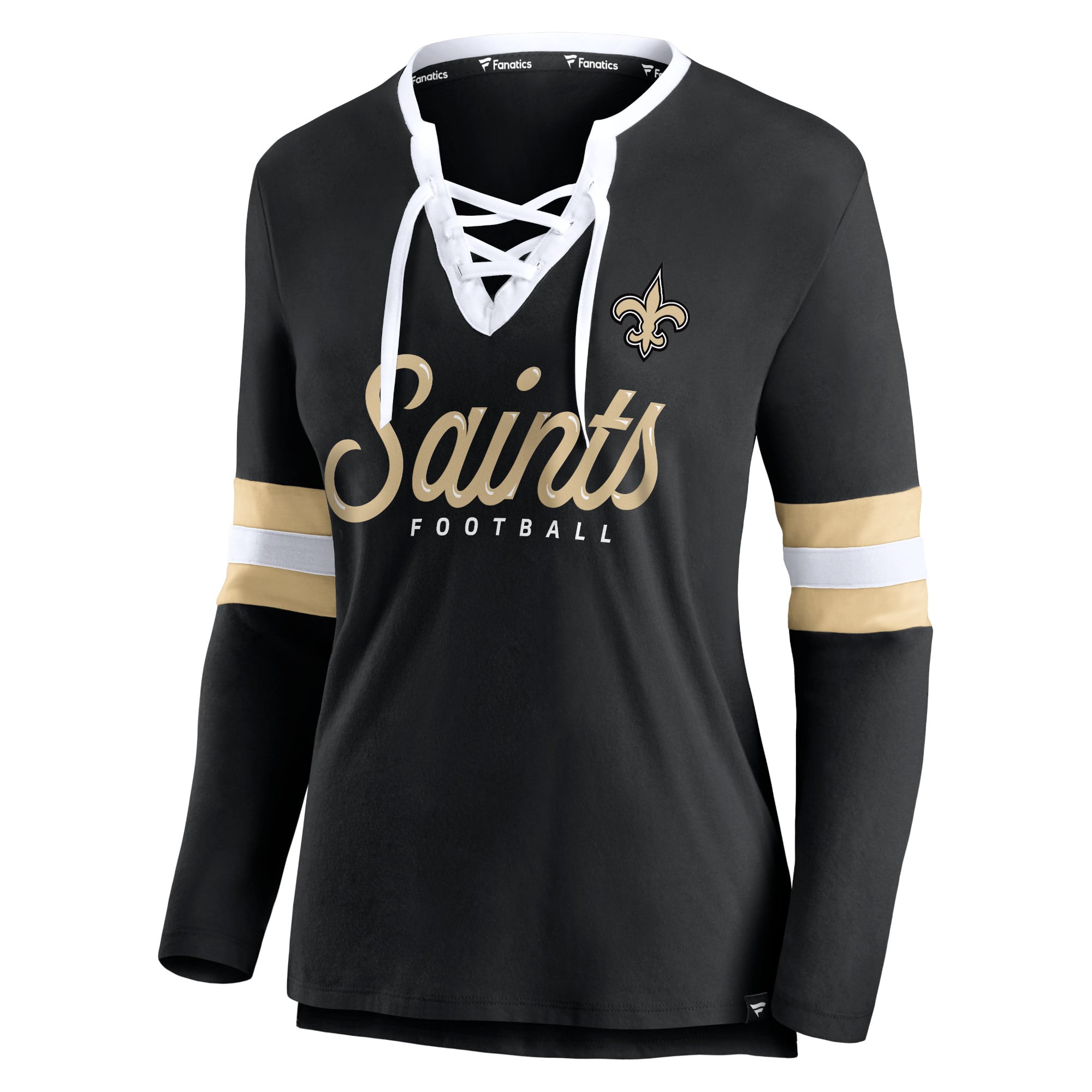 Women's Fanatics Black New Orleans Saints Block Party Team Script Lace-Up Long Sleeve T-Shirt