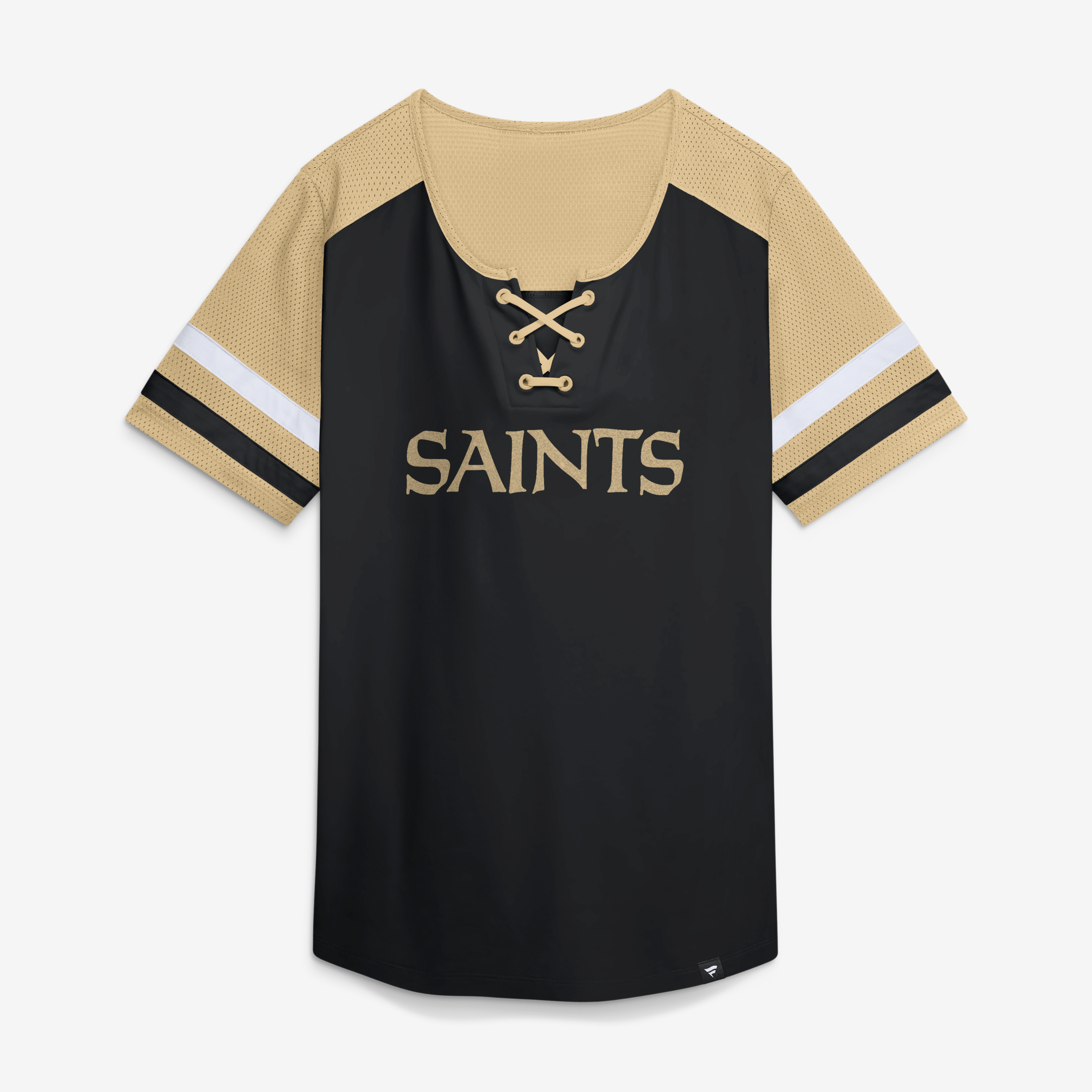 Women's Fanatics Black New Orleans Saints Curl Route Athena Lace-Up T-Shirt