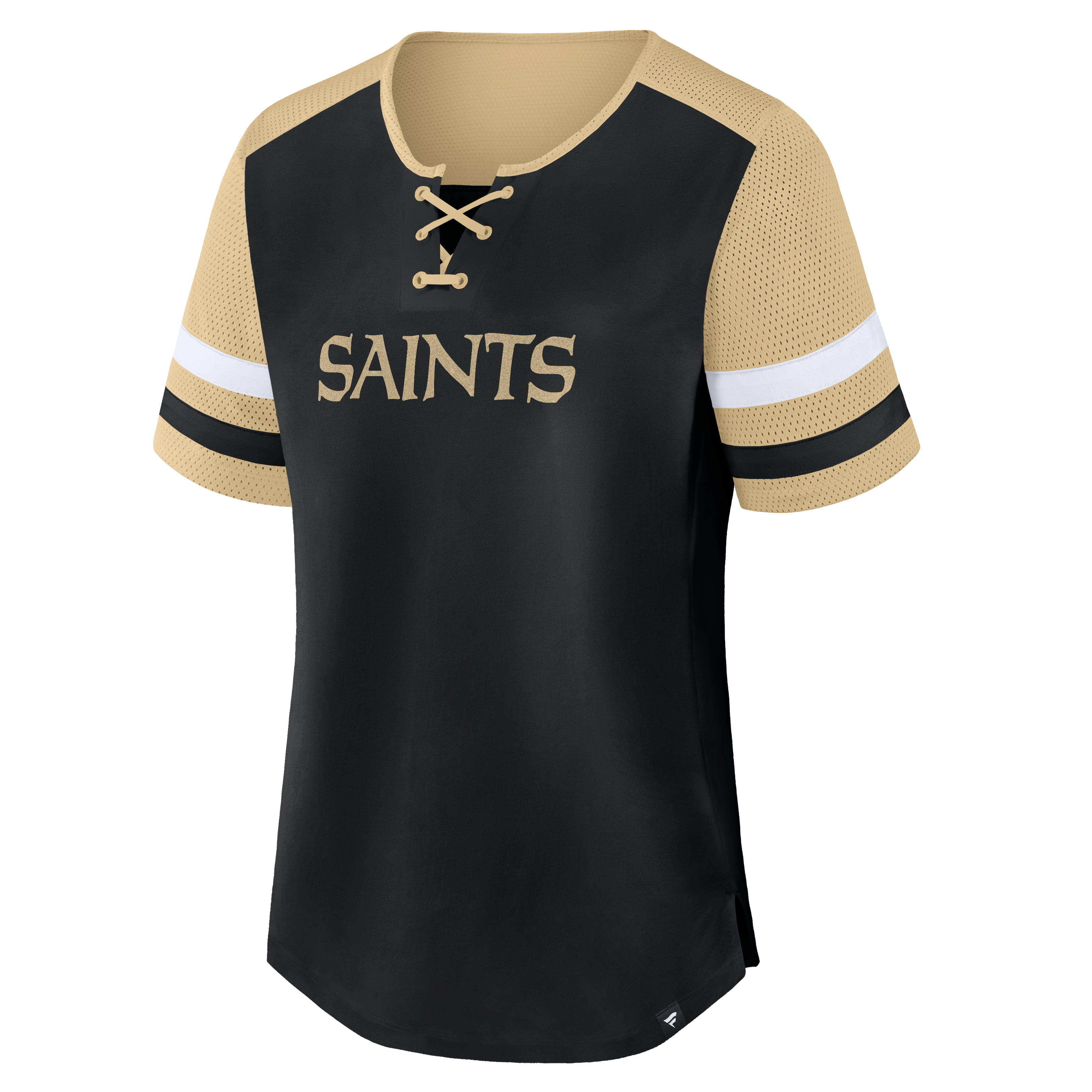 Women's Fanatics Black New Orleans Saints Curl Route Athena Lace-Up T-Shirt