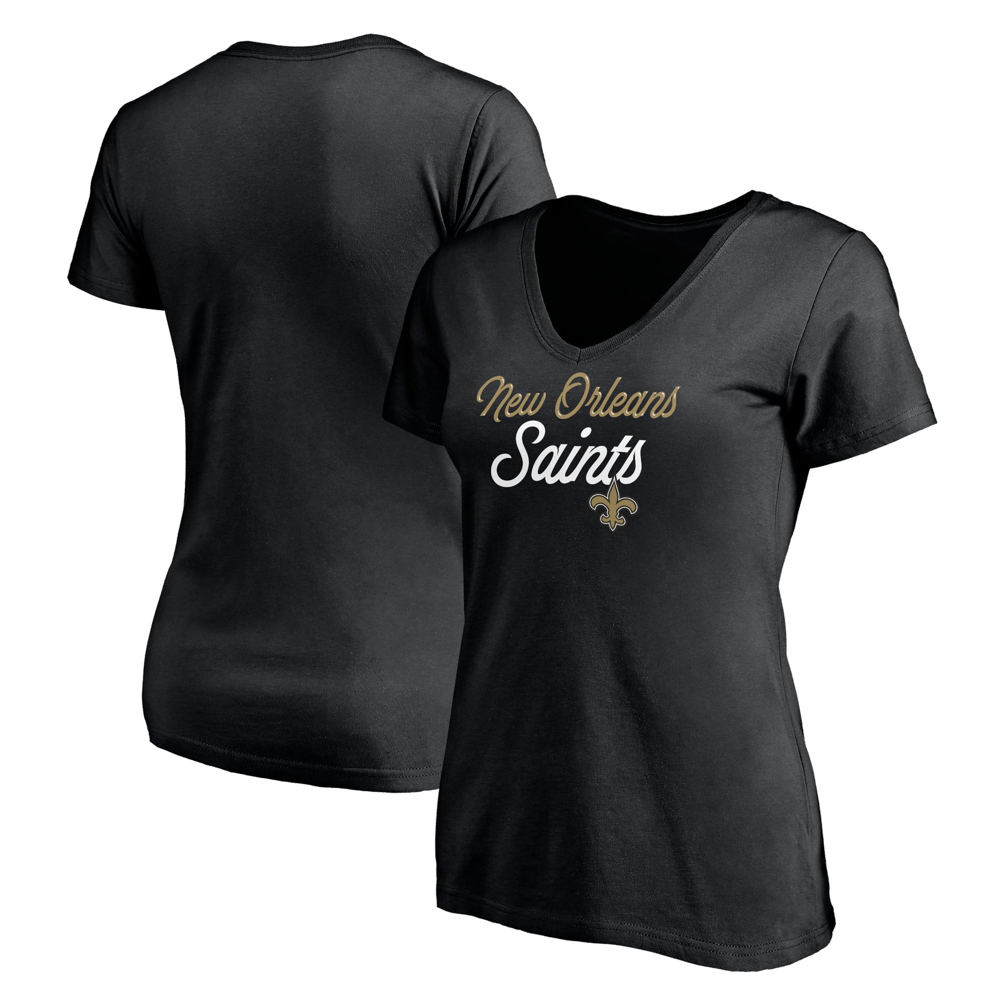T-shirt à col en V Long Stride noir Fanatics pour femmes, modèle New Orleans Saints.