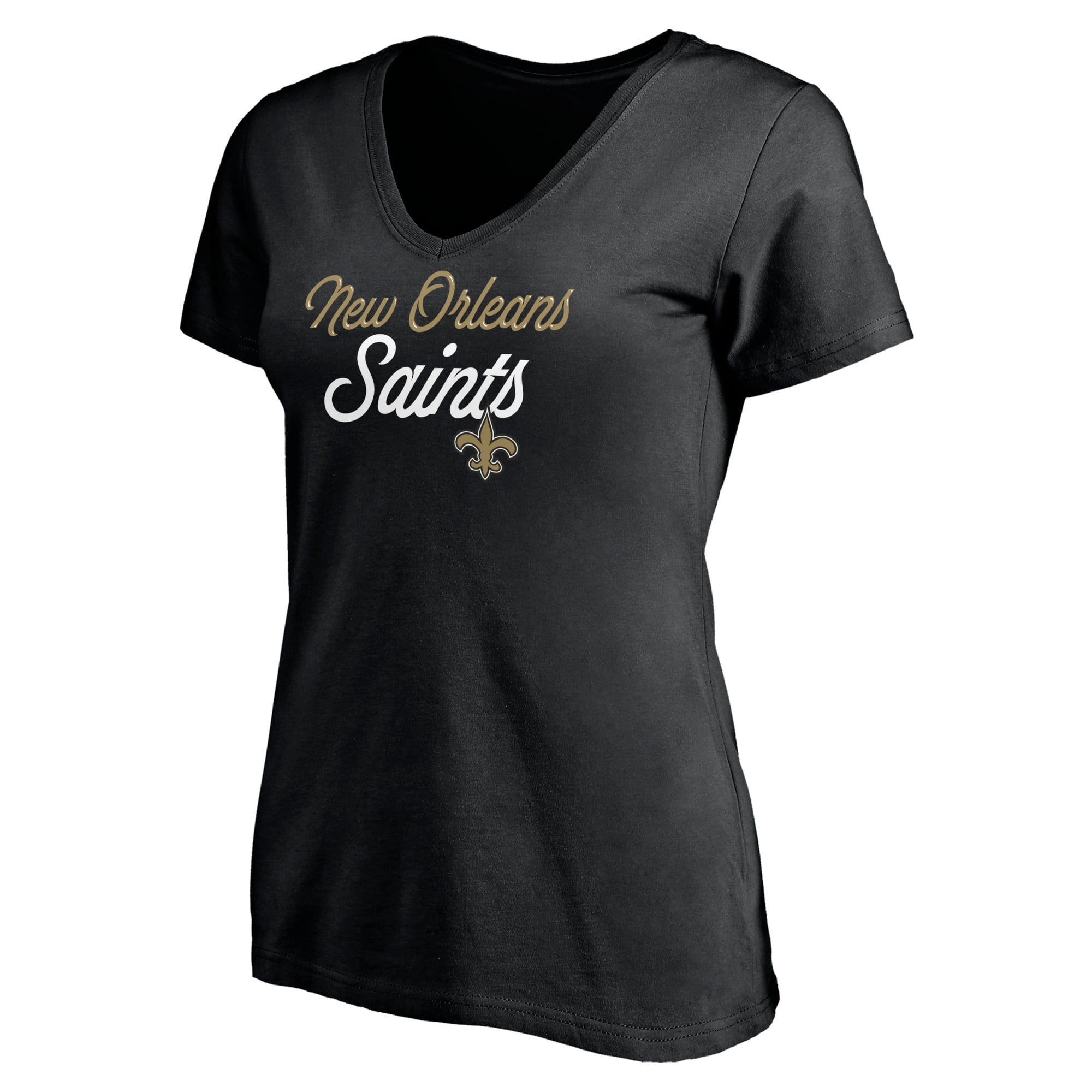T-shirt à col en V Long Stride noir Fanatics pour femmes, modèle New Orleans Saints.