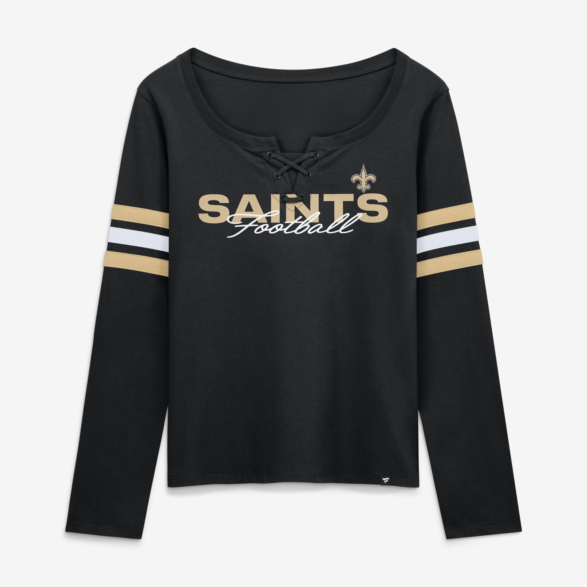 T-shirt à manches longues lacets Fanatics noir pour femmes, New Orleans Saints, Team First Coverage Scheme