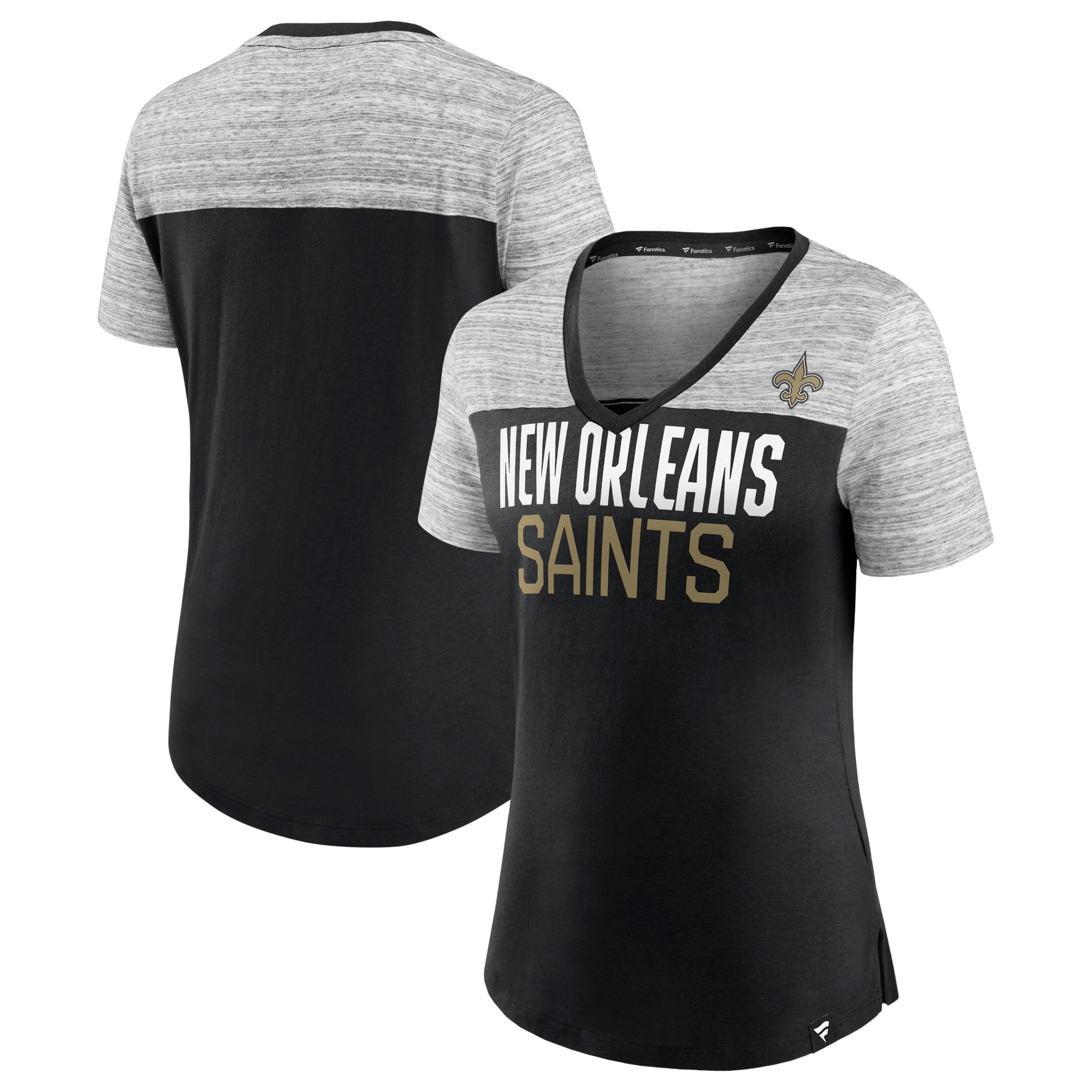 T-shirt à col en V noir/gris chiné New Orleans Saints de Fanatics pour femmes