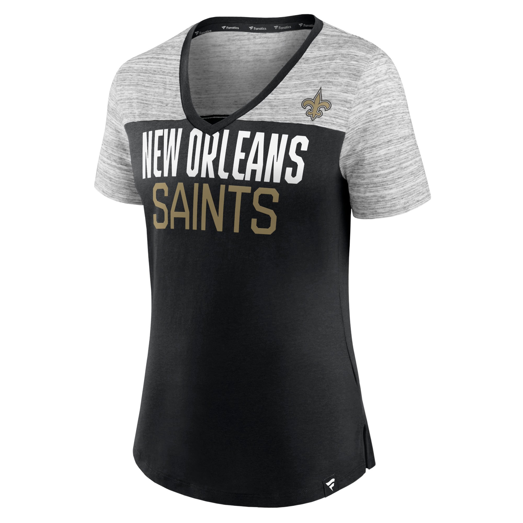 T-shirt à col en V noir/gris chiné New Orleans Saints de Fanatics pour femmes