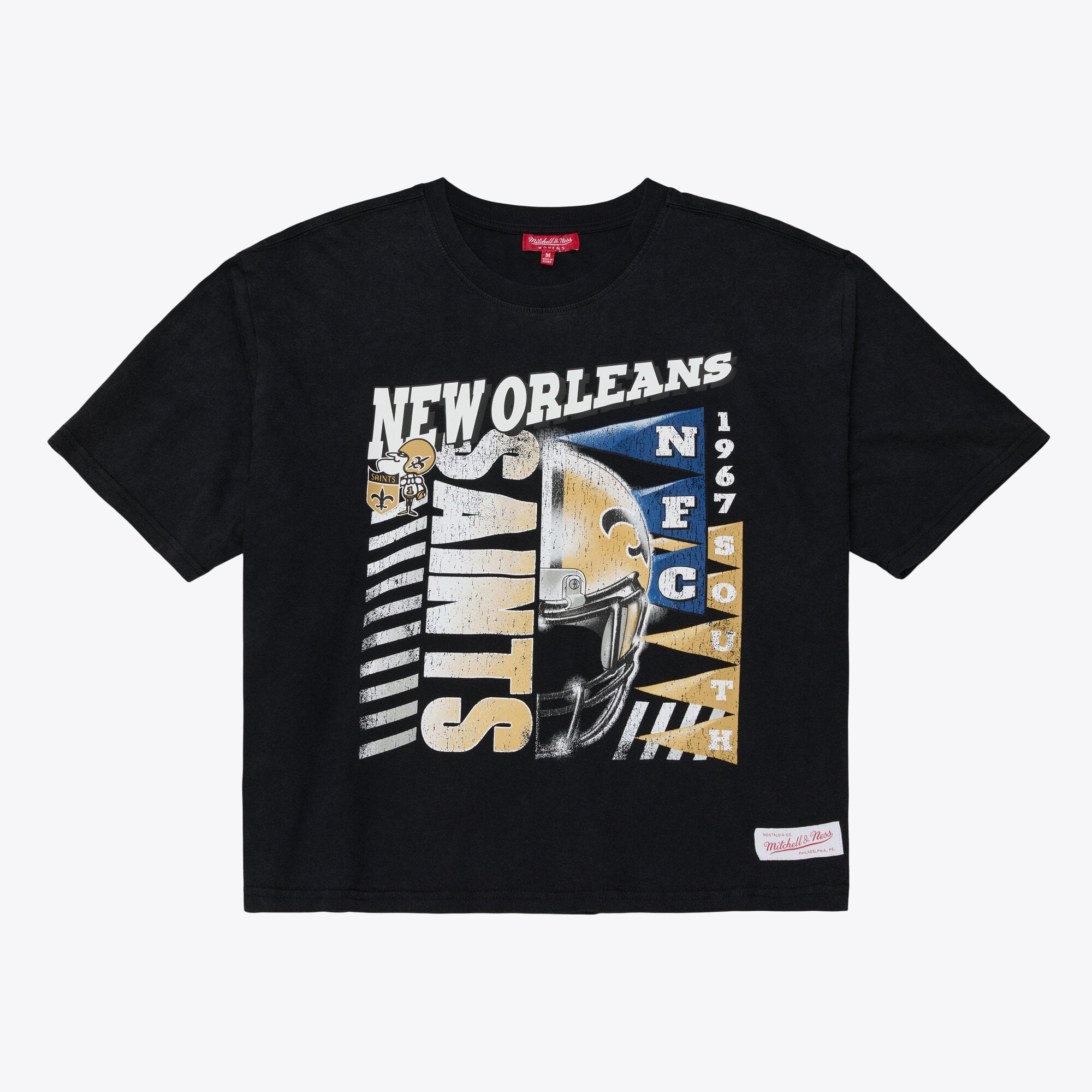 T-shirt court et carré Mitchell & Ness noir pour femme, motif streetwear des Saints de la Nouvelle-Orléans