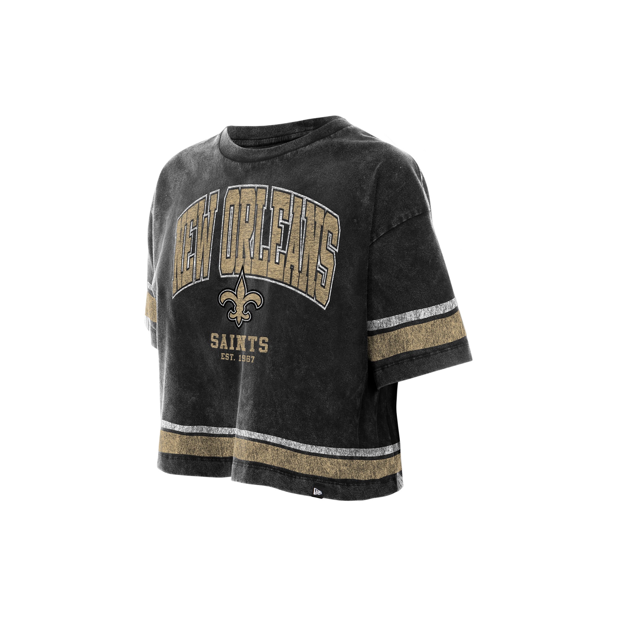T-shirt court New Era noir pour femme, style Orleans Saints, délavage minéral, coupe carrée