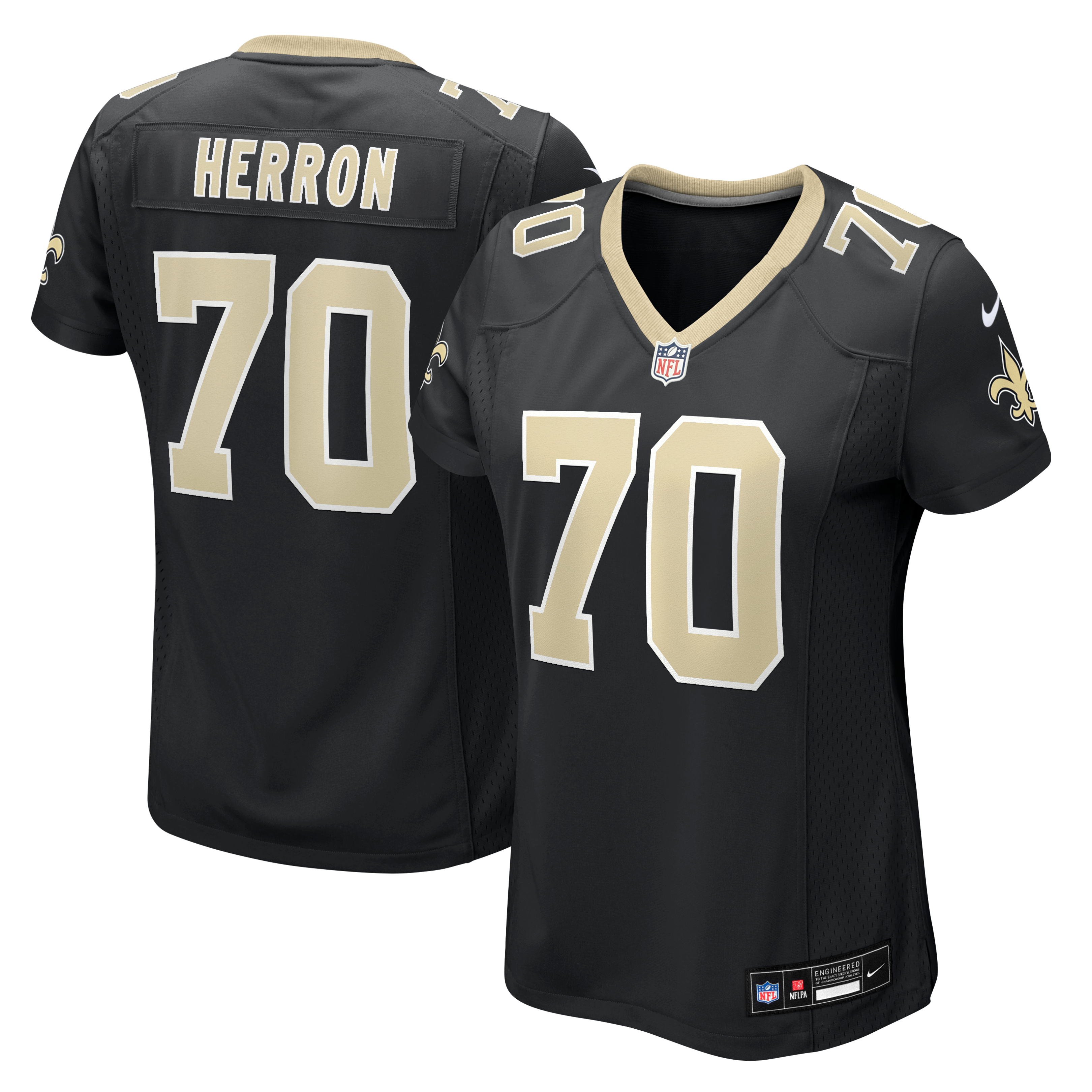 Maillot de match Nike Alan Herron noir pour femme, équipe des Saints la Nouvelle-Orléans