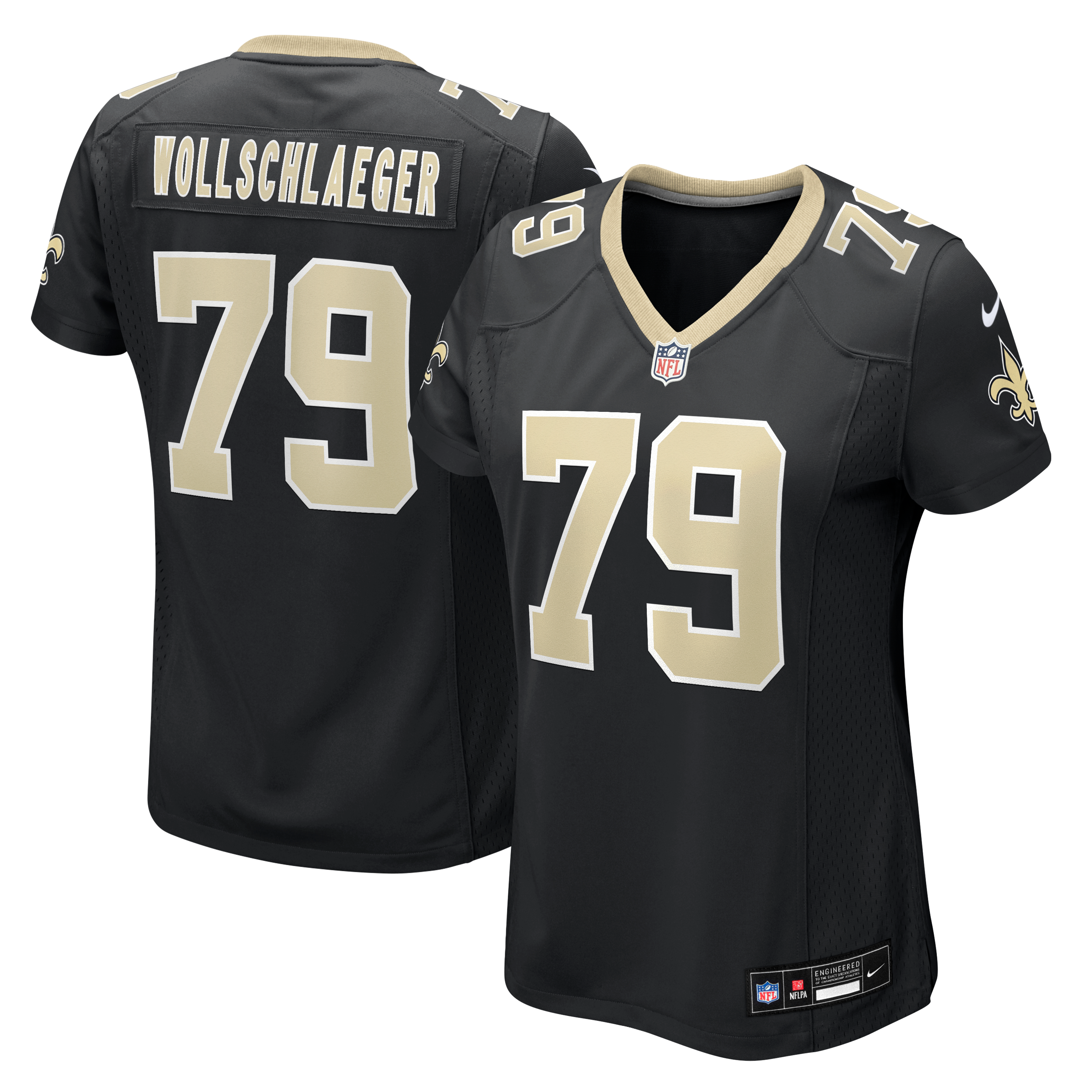 Maillot de match Nike Alex Wollschlaeger noir pour femme, équipe des Saints la Nouvelle-Orléans