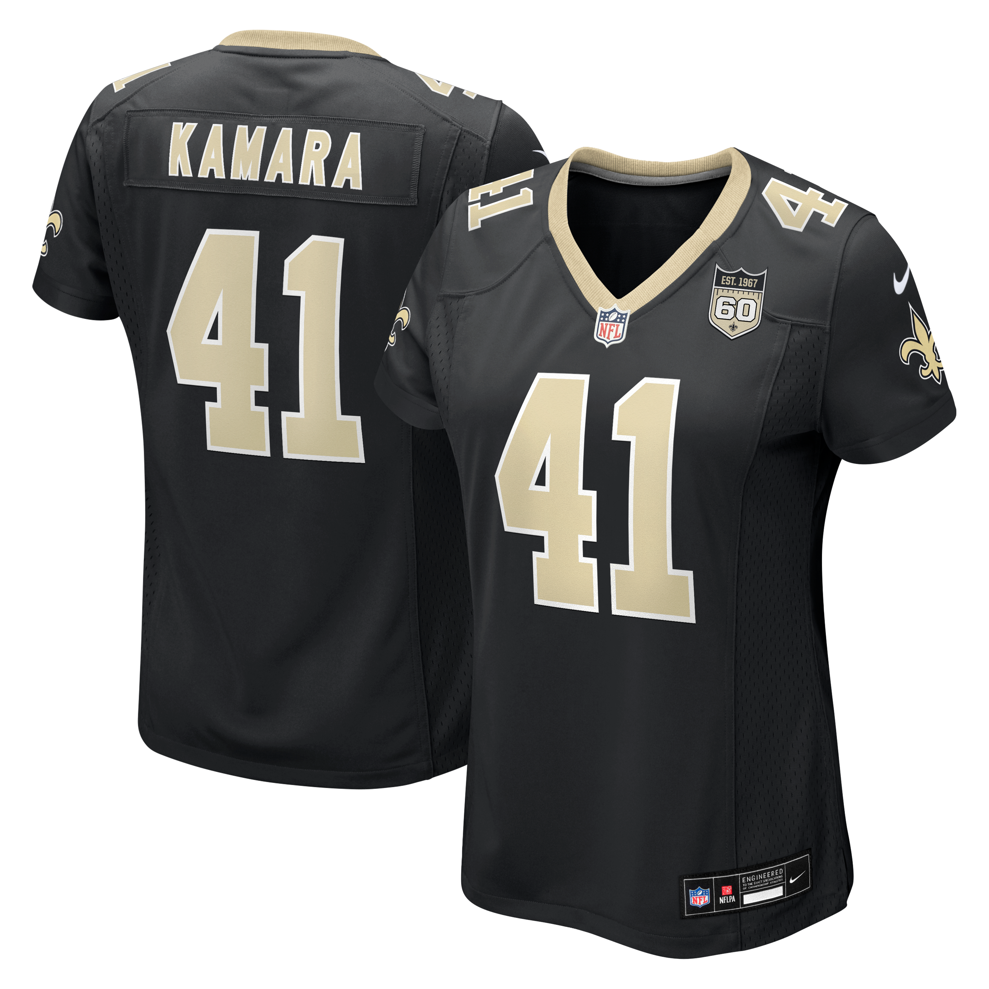 Maillot Nike Alvin Kamara noir pour femme, commémorant La 60e saison des Saints de Nouvelle-Orléans