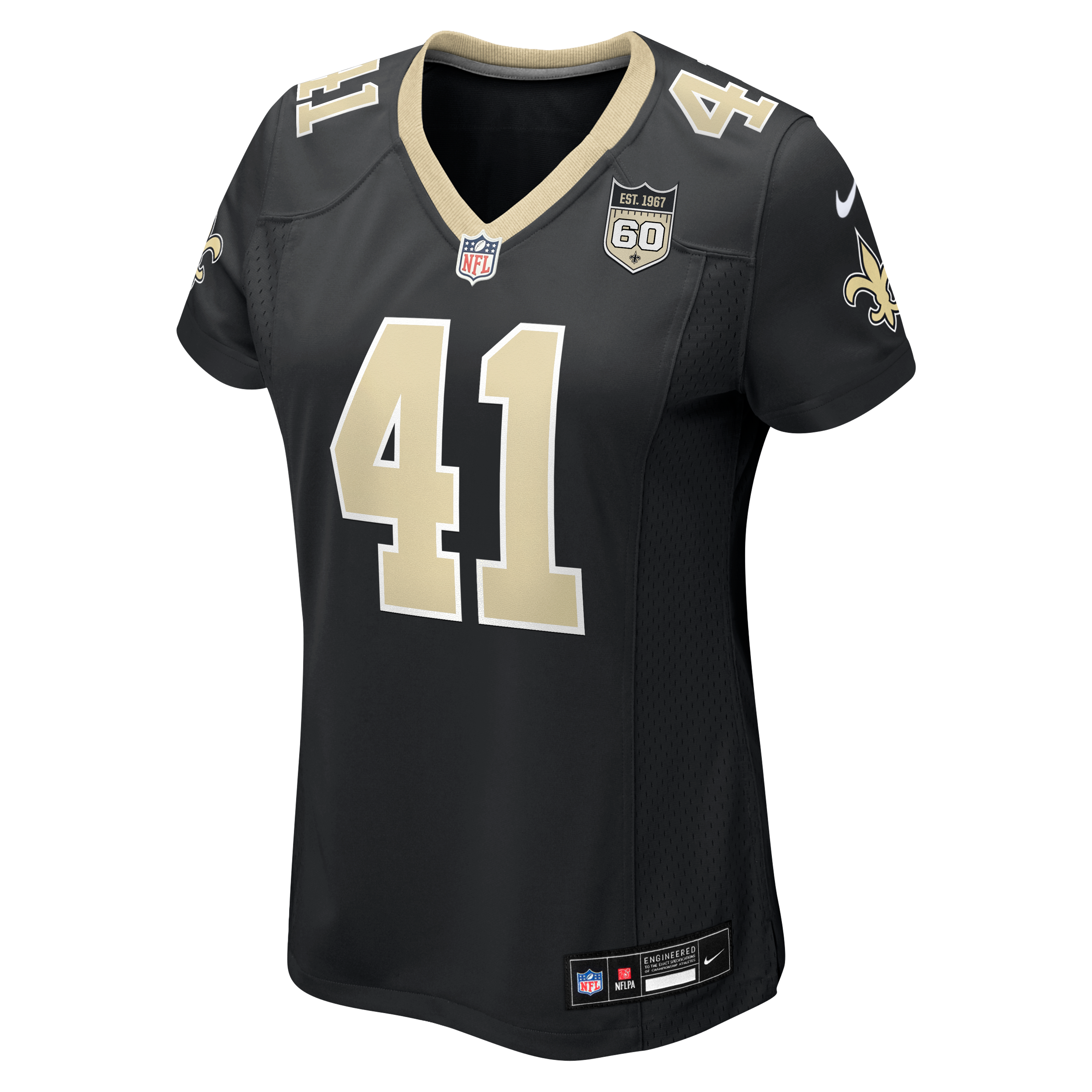 Maillot Nike Alvin Kamara noir pour femme, commémorant La 60e saison des Saints de Nouvelle-Orléans