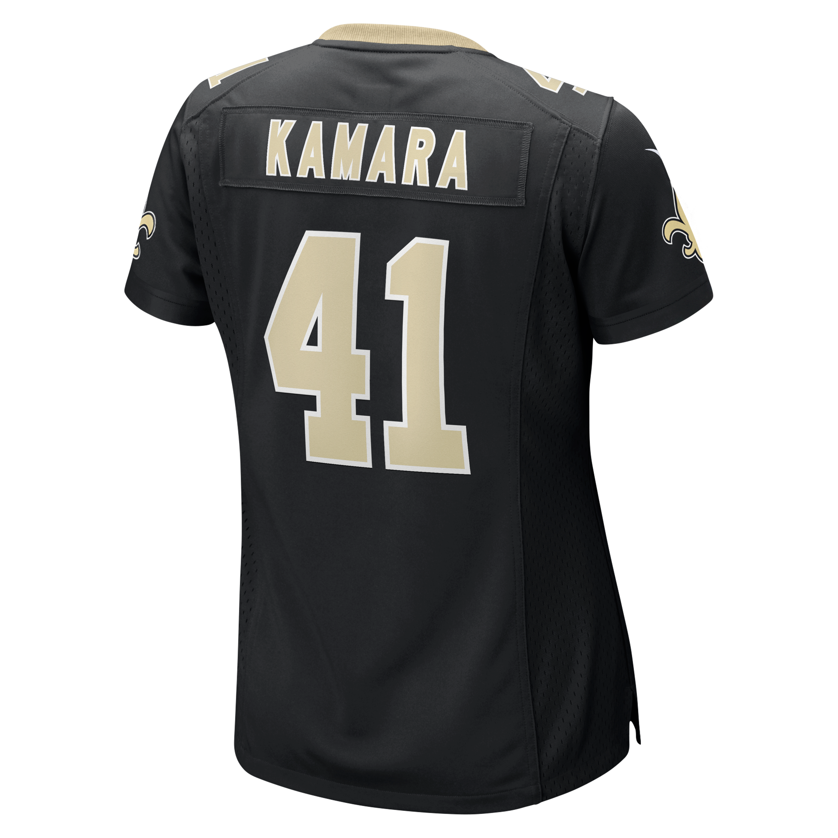 Maillot Nike Alvin Kamara noir pour femme, commémorant La 60e saison des Saints de Nouvelle-Orléans
