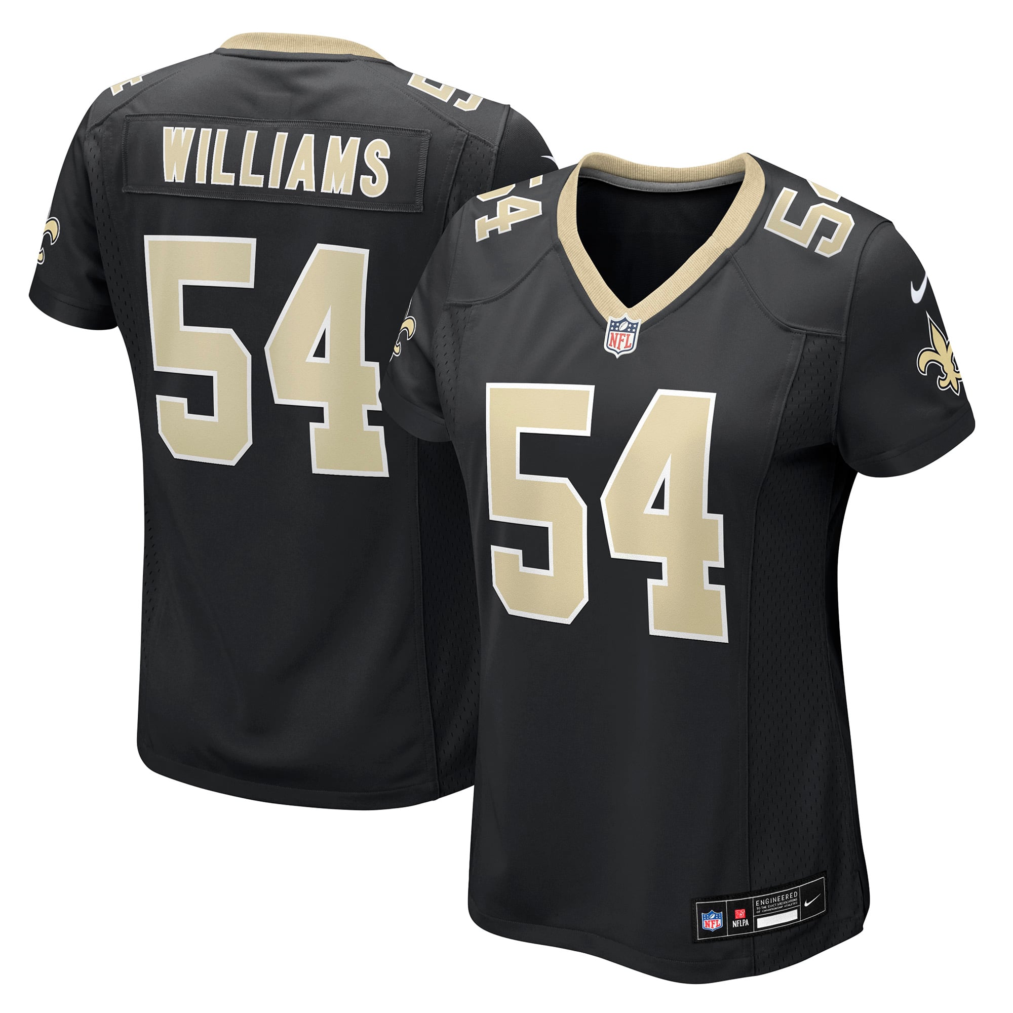 Maillot de match Nike Jonah Williams noir pour femme, équipe des Saints la Nouvelle-Orléans