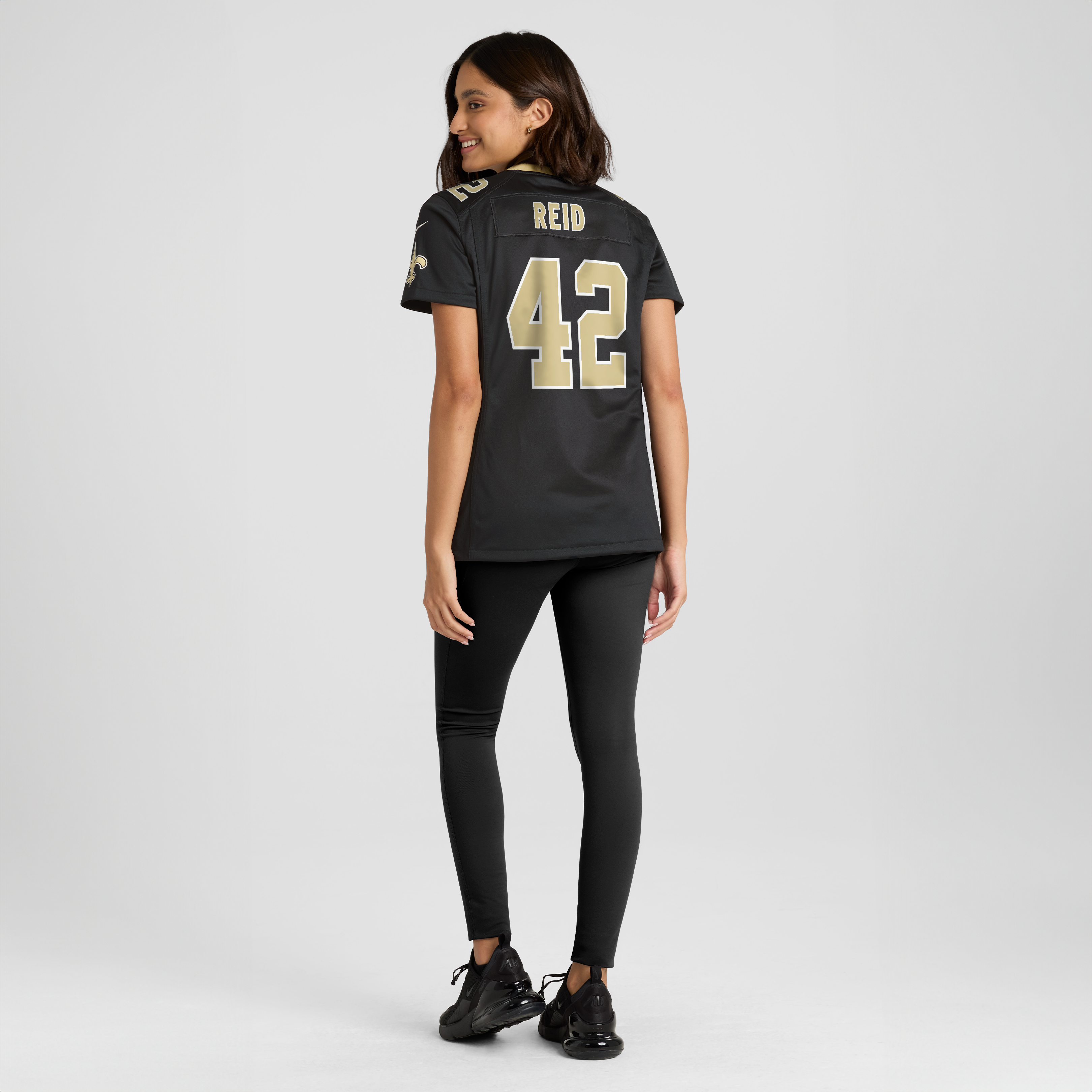 Maillot de match Nike Mike Reid noir pour femme, équipe des Saints la Nouvelle-Orléans