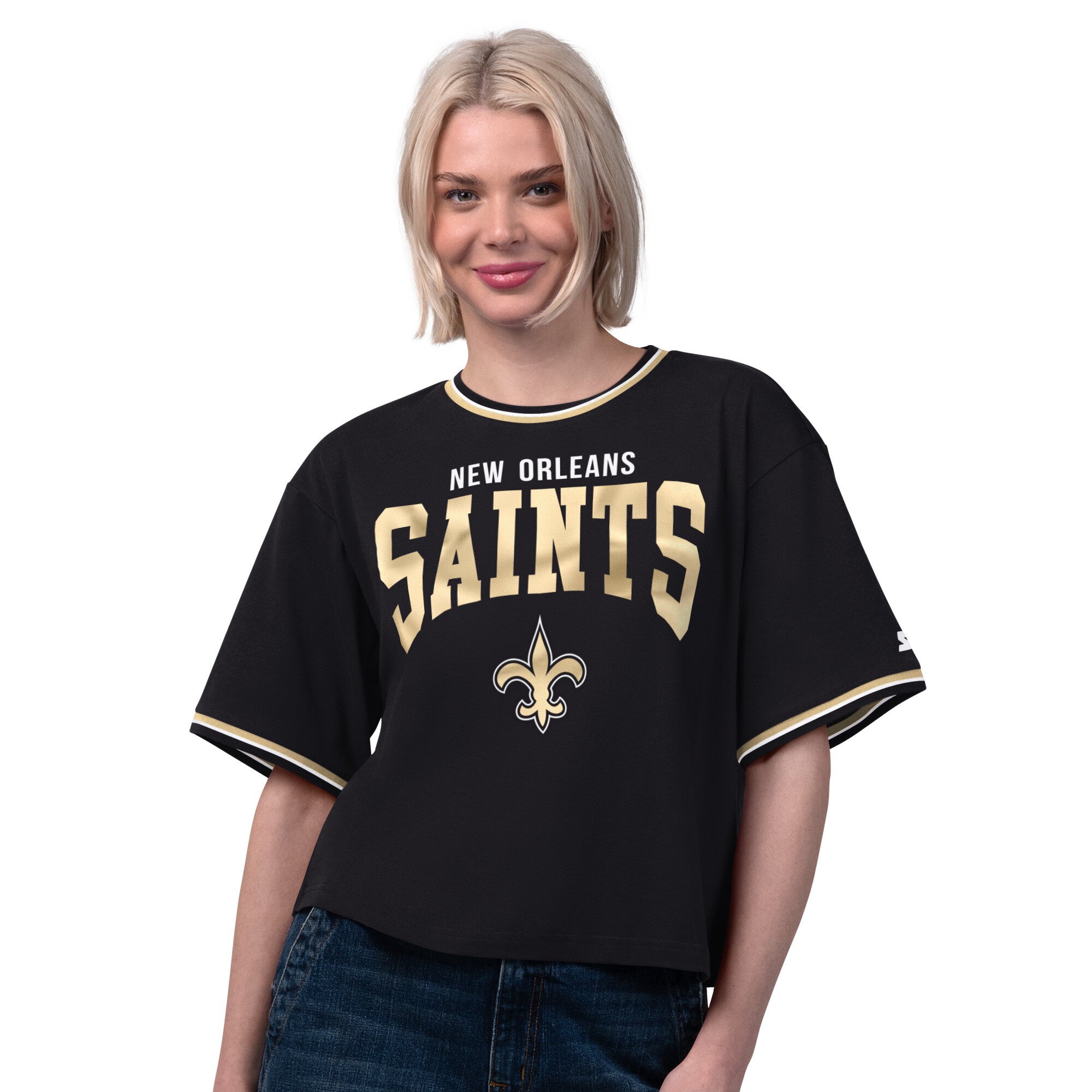 T-shirt court noir Starter pour femmes, motif New Orleans Saints Ace