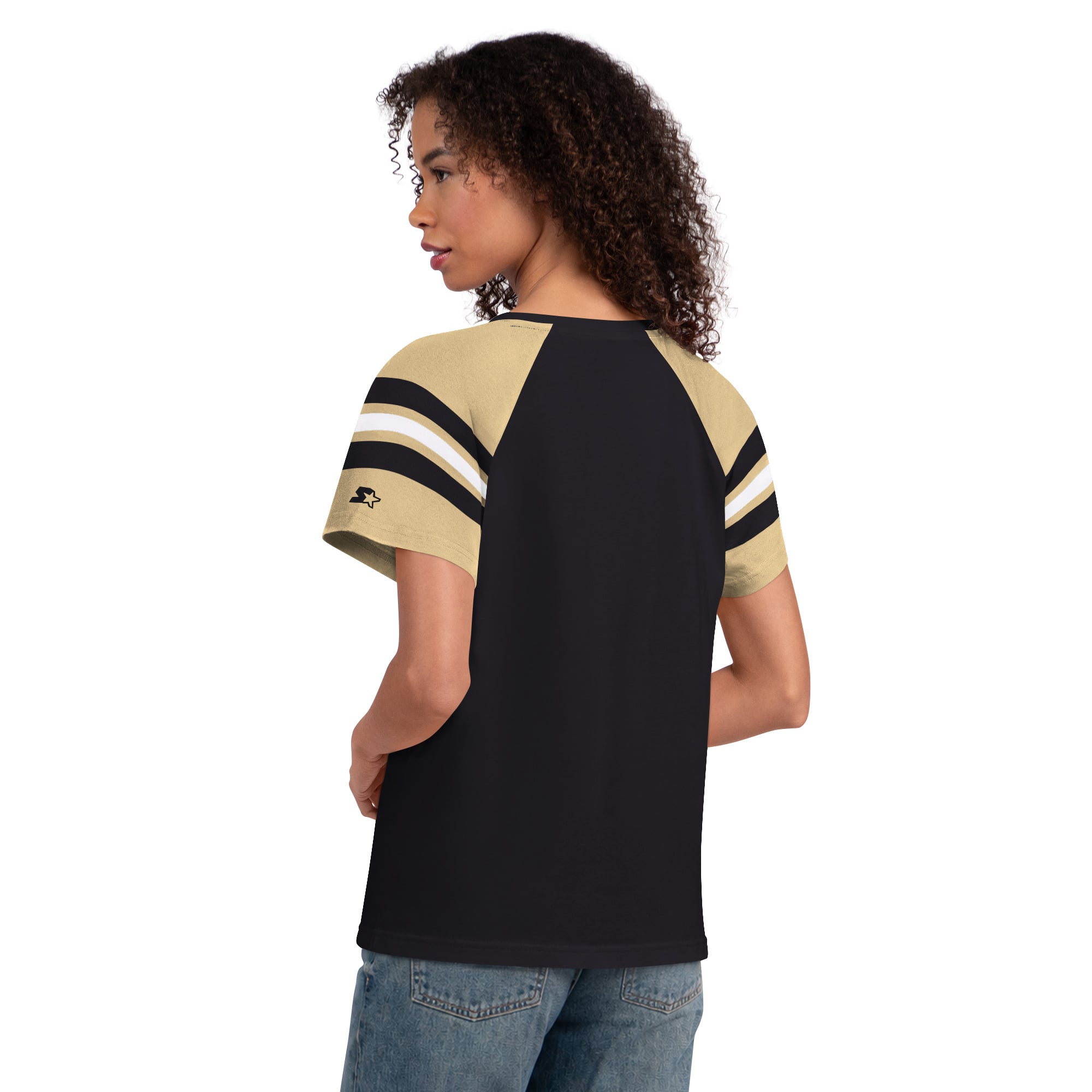 T-shirt raglan à col cranté Starter noir pour femme, motif Saints de la Nouvelle-Orléans