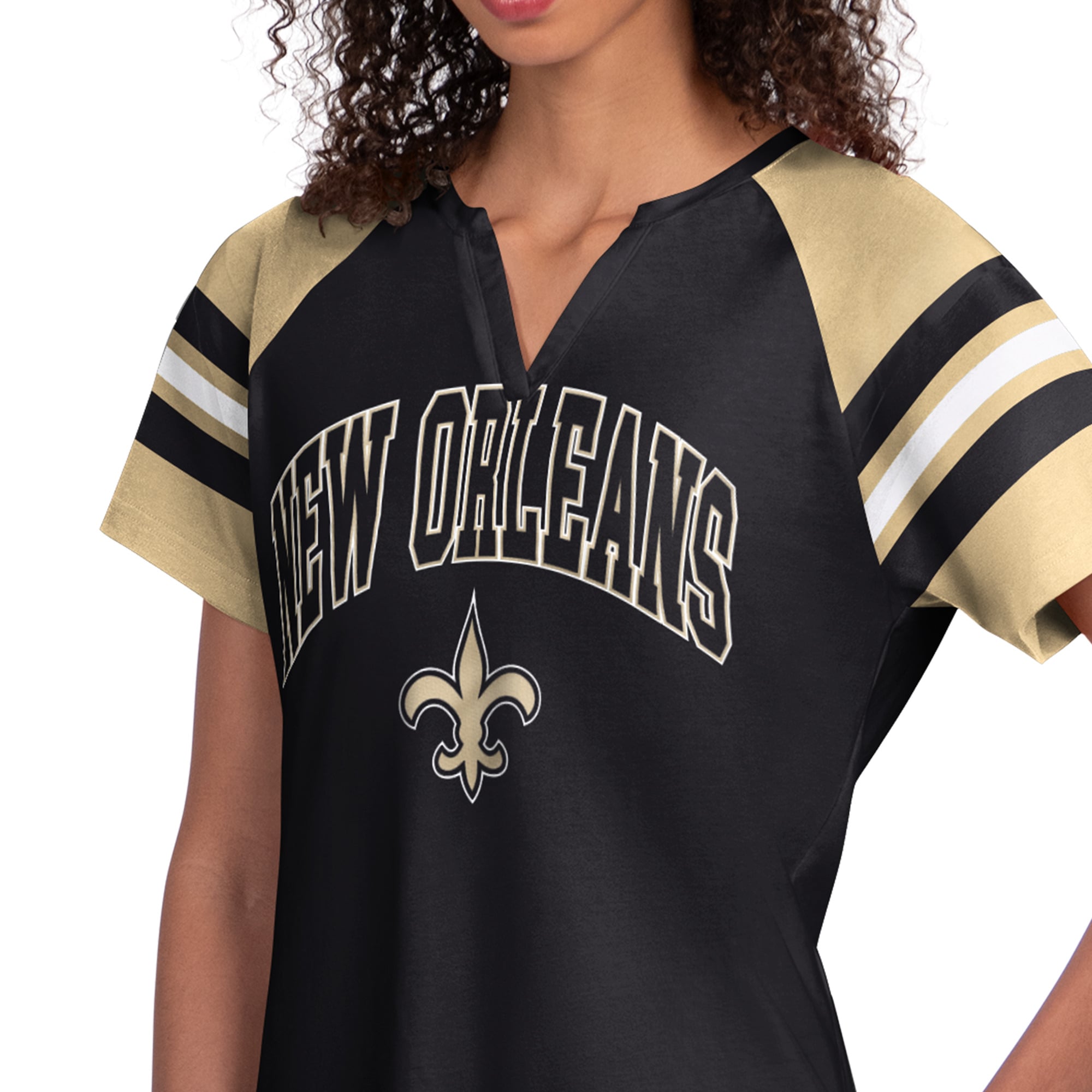 T-shirt raglan à col cranté Starter noir pour femme, motif Saints de la Nouvelle-Orléans