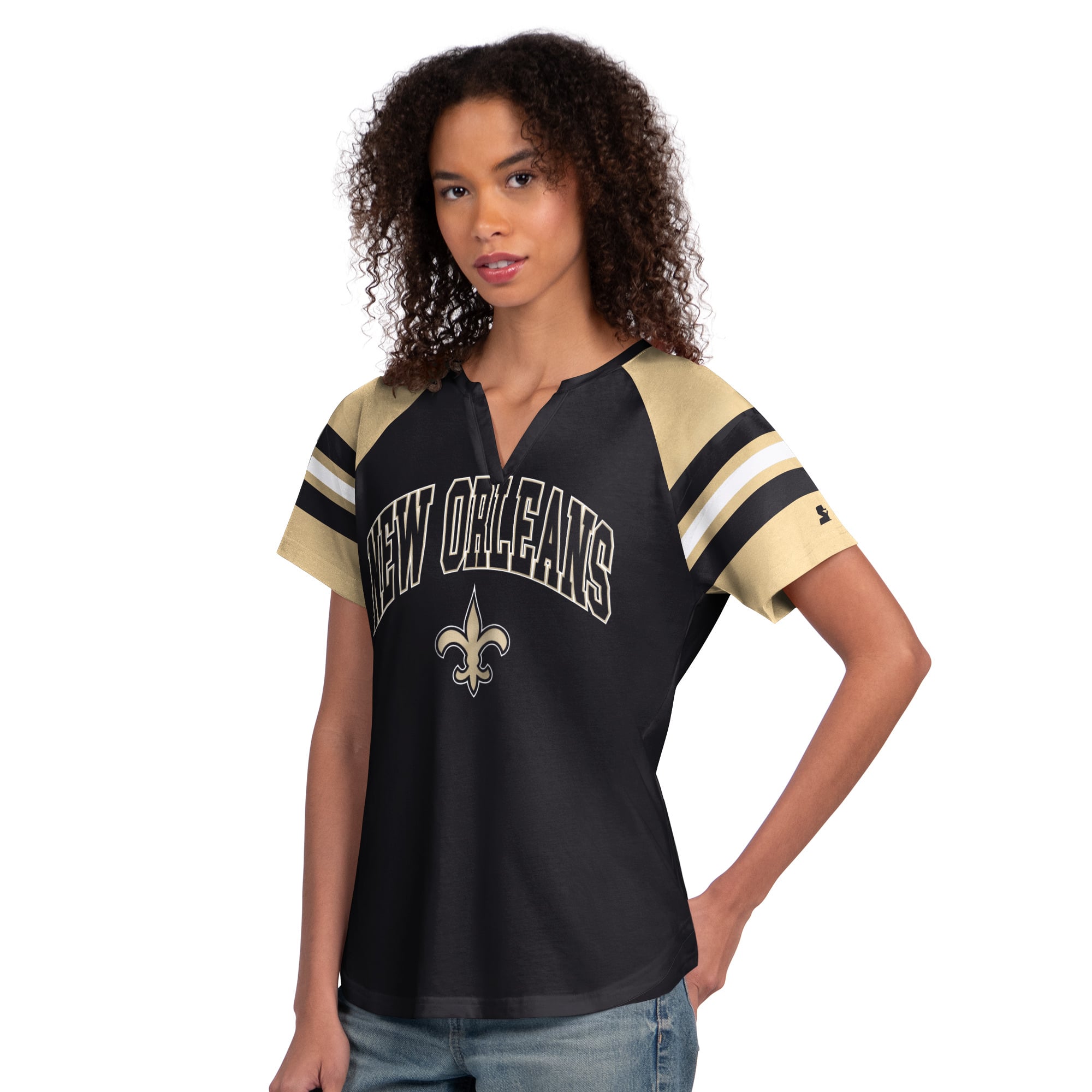 T-shirt raglan à col cranté Starter noir pour femme, motif Saints de la Nouvelle-Orléans