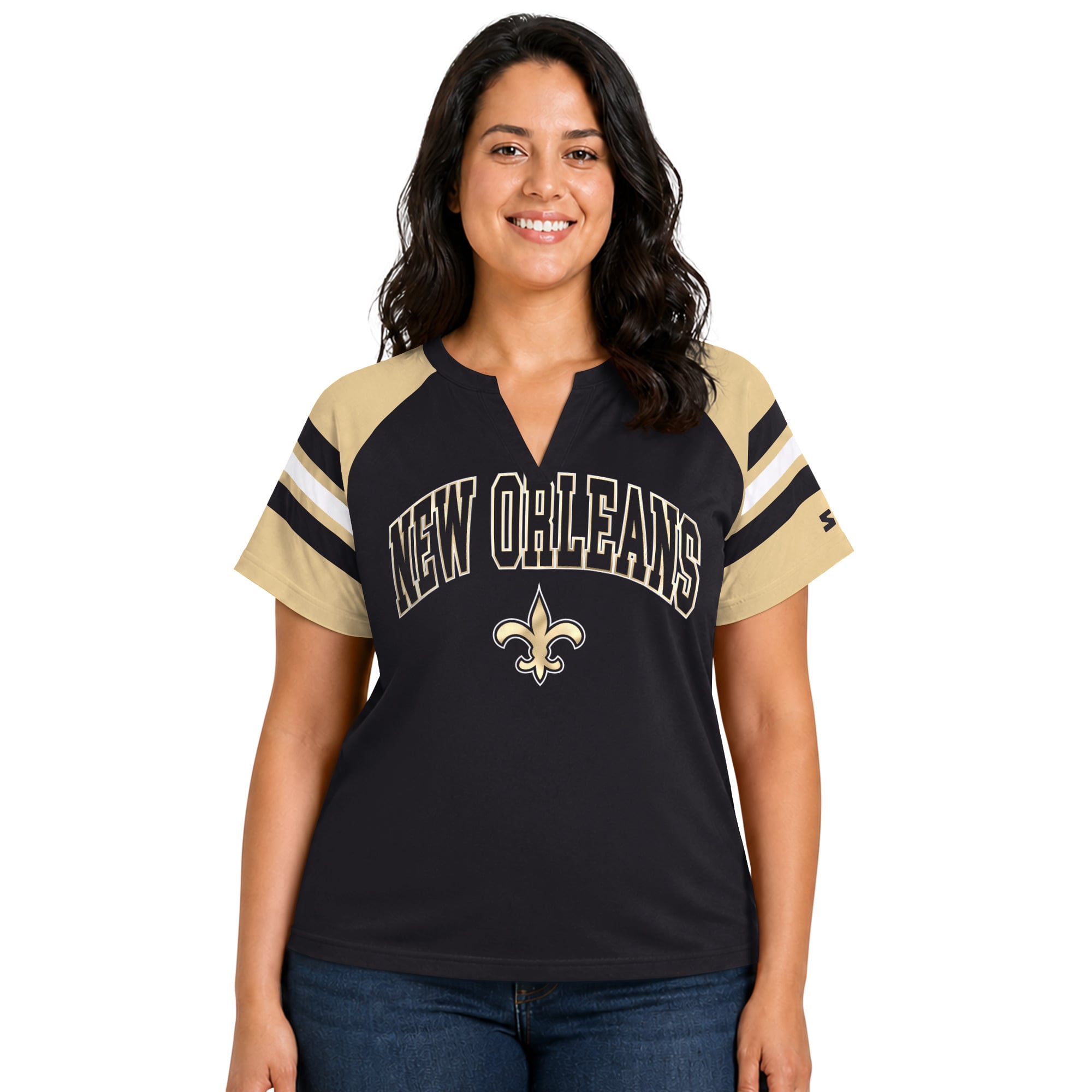 T-shirt raglan Starter noir pour femme, grandes tailles, New Orleans Saints, Game On, col cranté