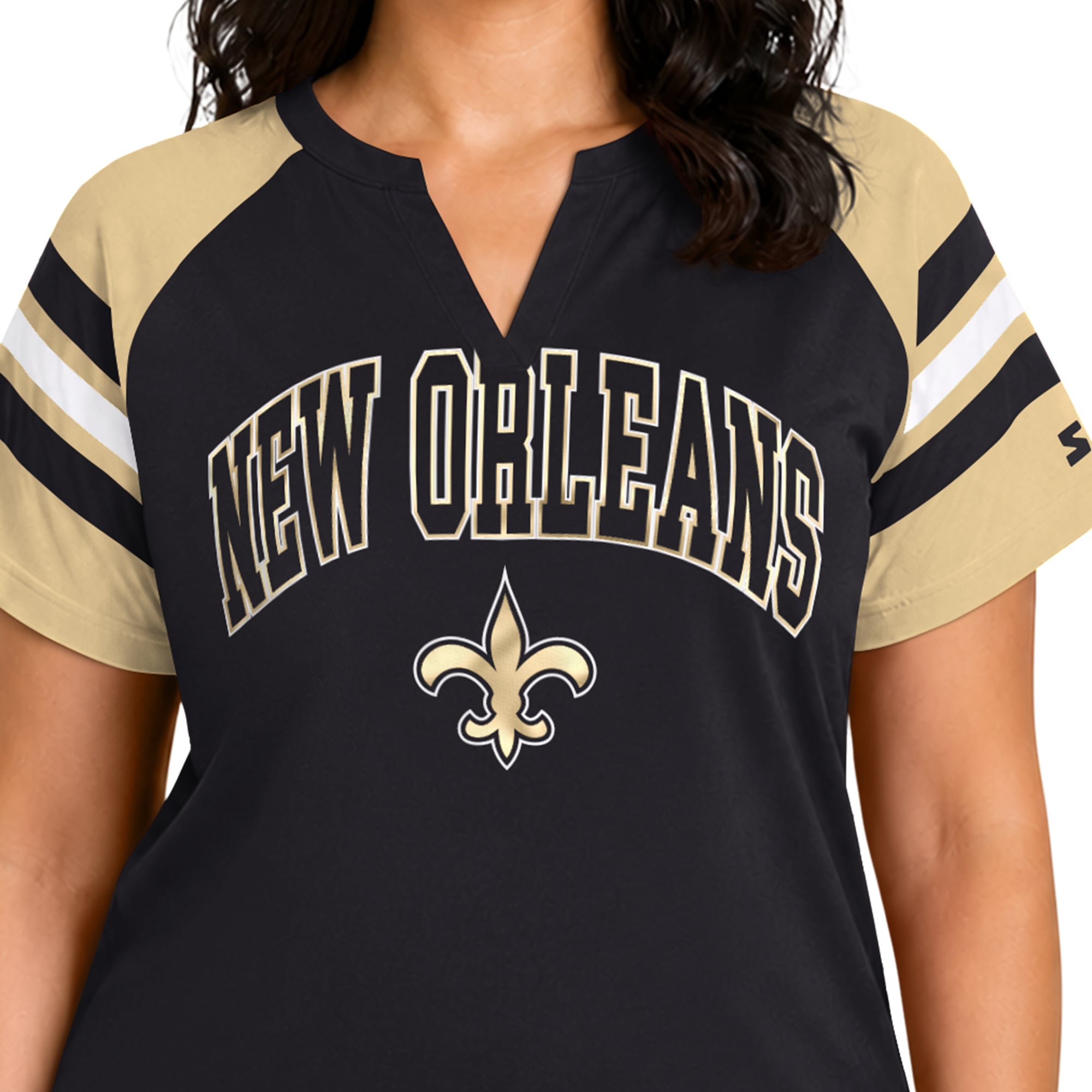 T-shirt raglan Starter noir pour femme, grandes tailles, New Orleans Saints, Game On, col cranté