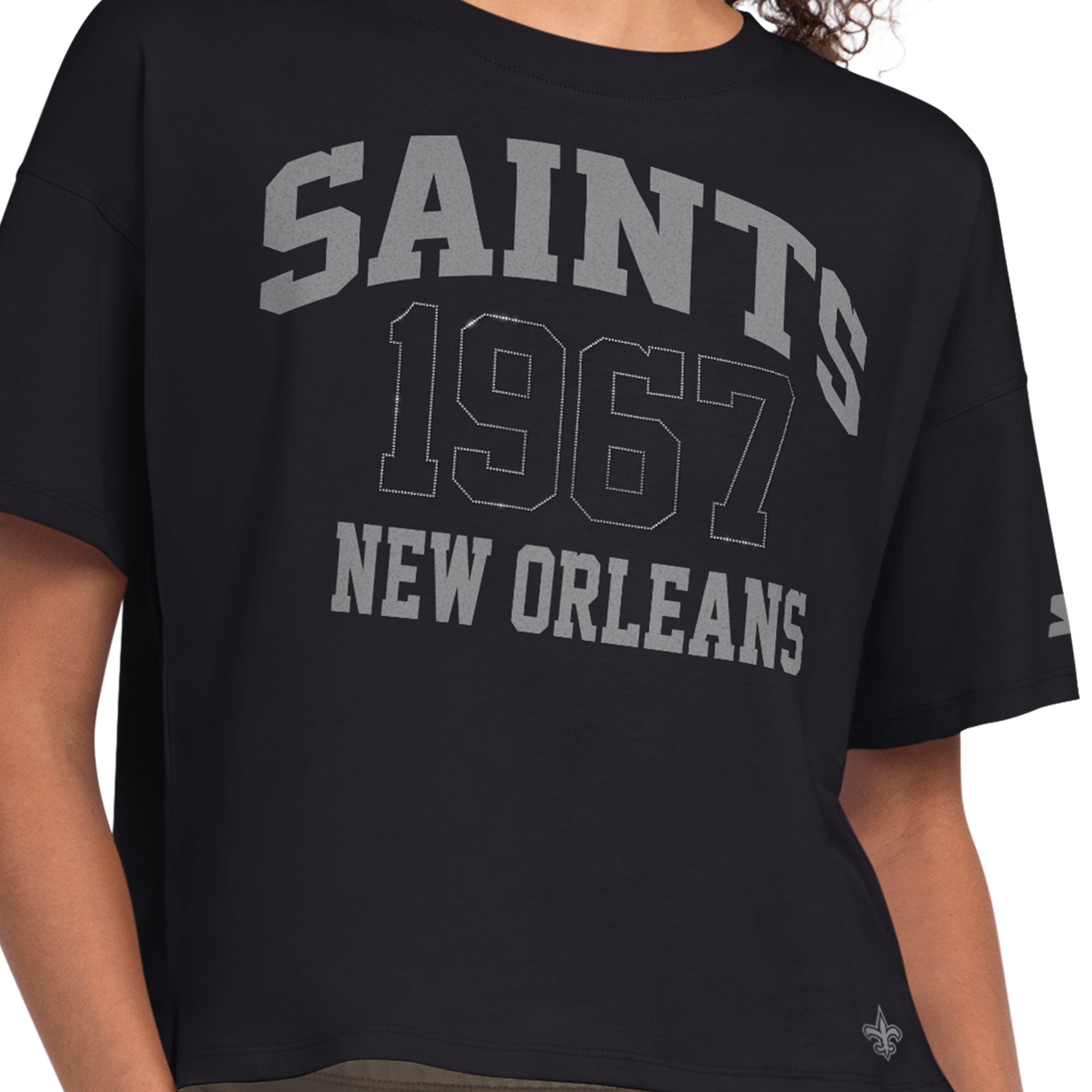 T-shirt court à strass Starter noir pour femme, motif Saints de la Nouvelle-Orléans