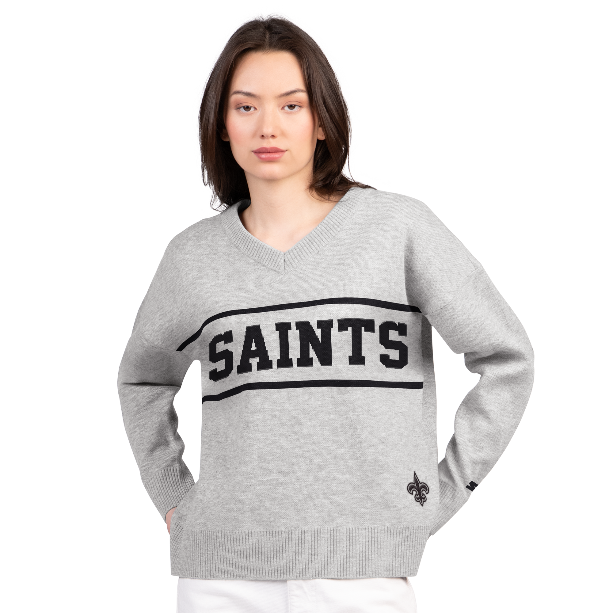 Pull à col en V gris Starter pour femme, modèle Best Shot des Saints de la Nouvelle-Orléans