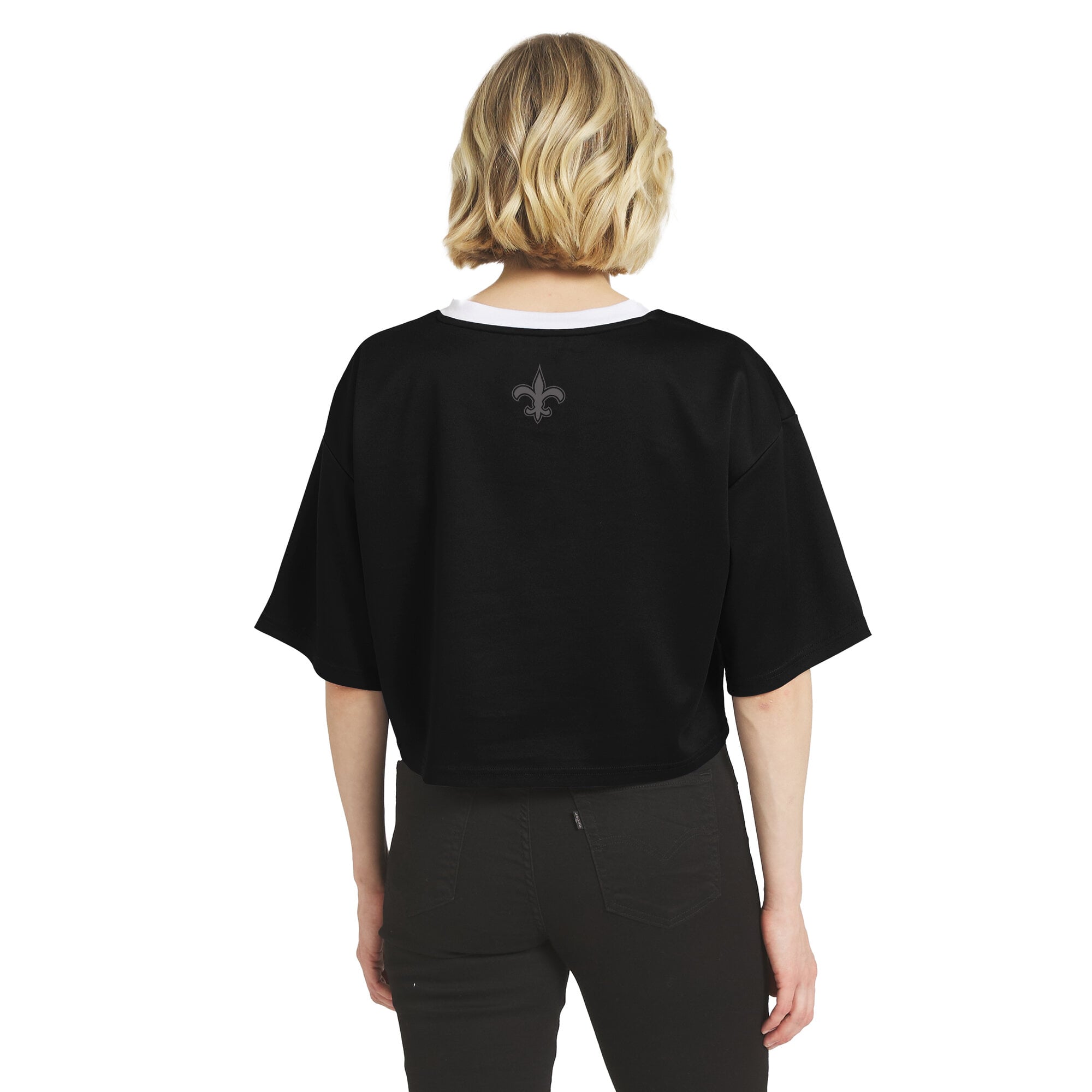 Women's WEAR by Erin Andrews Black New Orleans Saints Cropped V-Neck Jersey T-Shirt