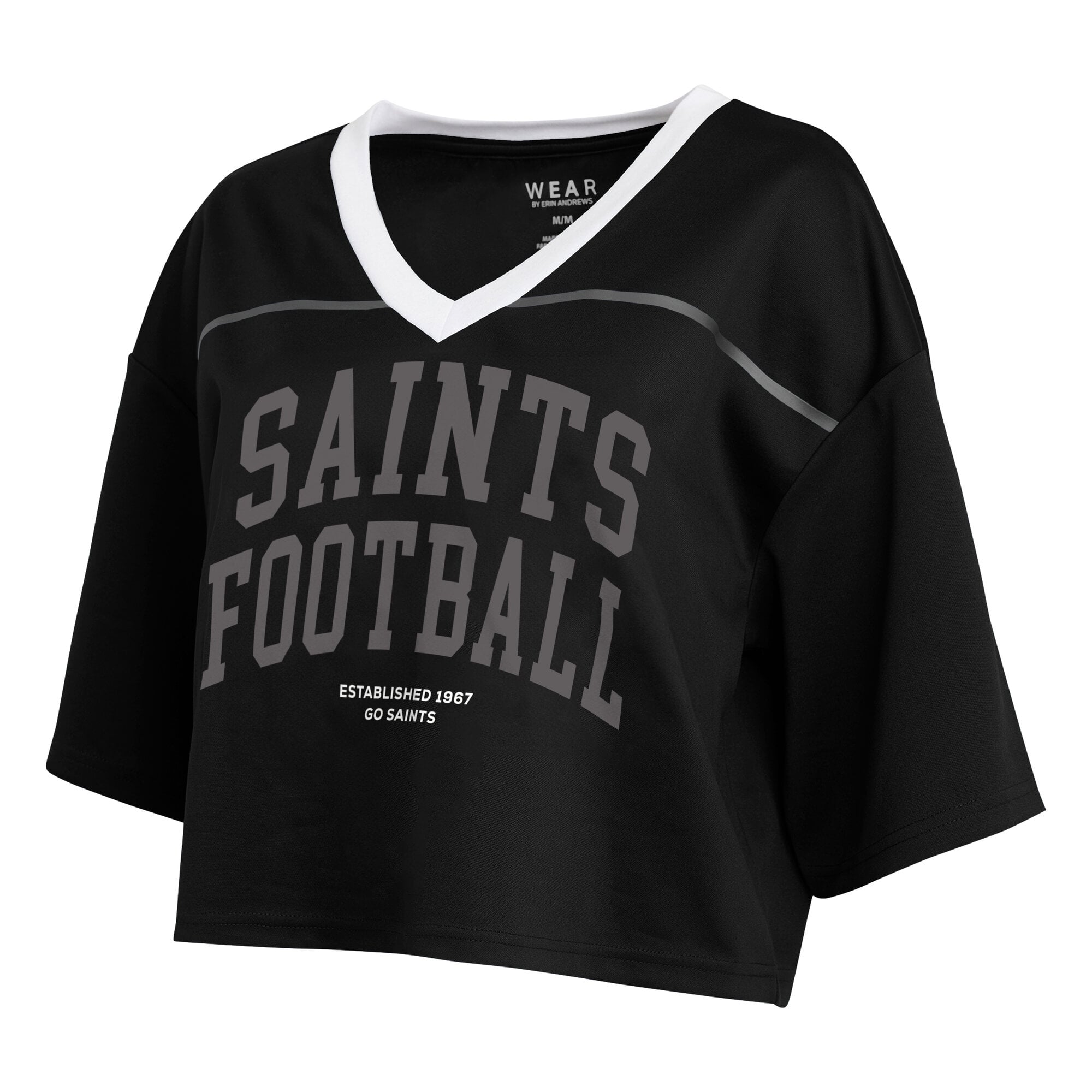 Women's WEAR by Erin Andrews Black New Orleans Saints Cropped V-Neck Jersey T-Shirt