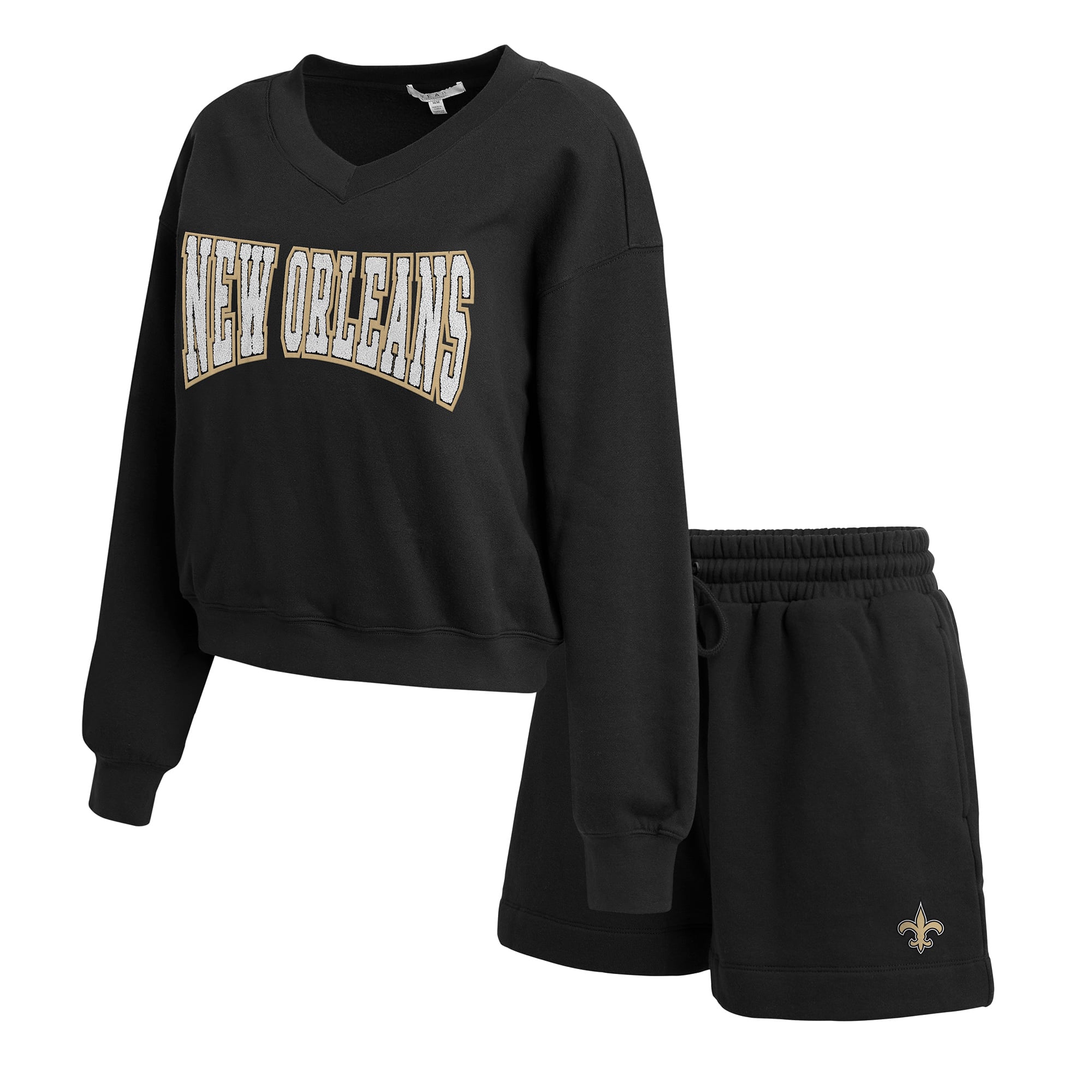 Women's WEAR by Erin Andrews Black New Orleans Saints Fleece V-Neck Lounge Set