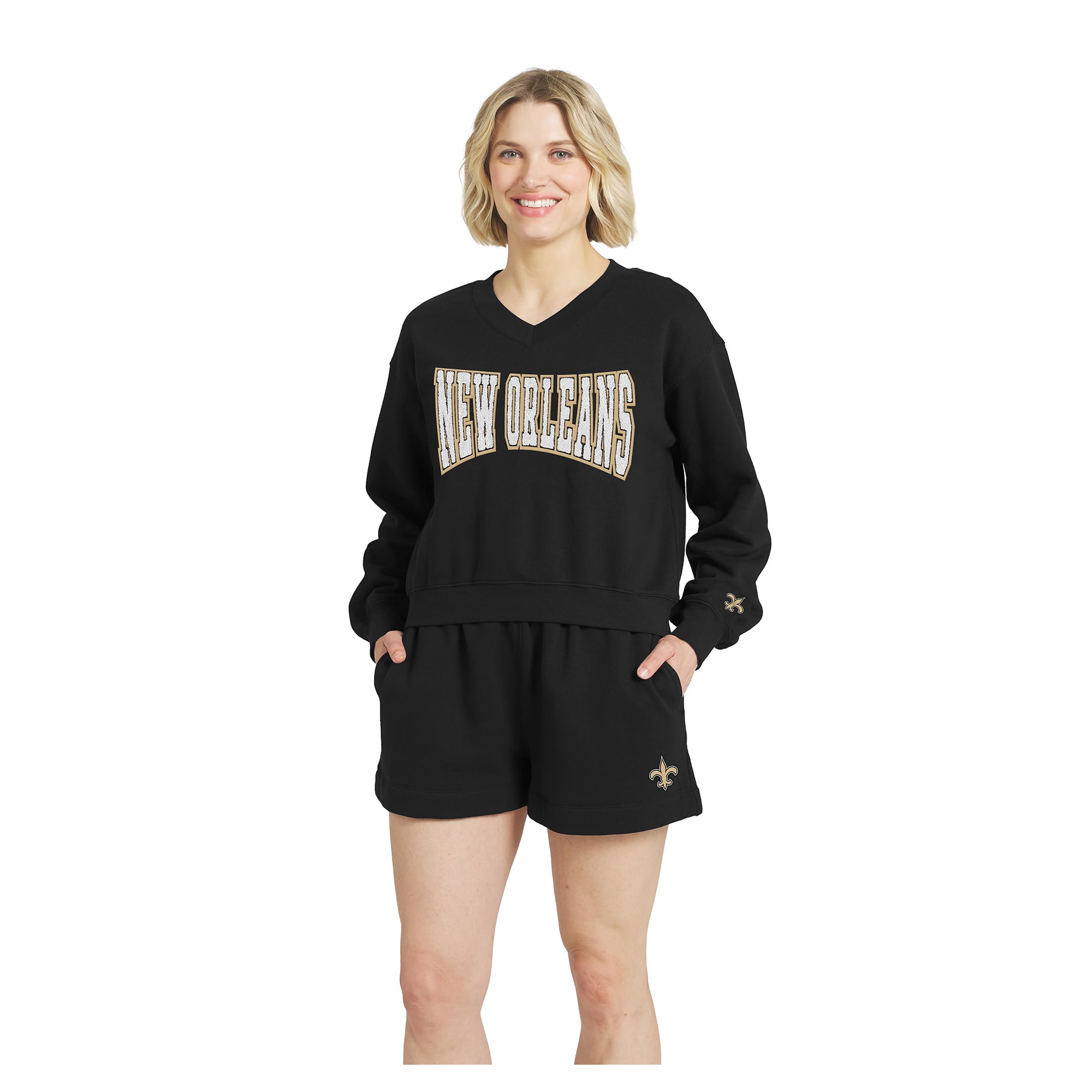 Women's WEAR by Erin Andrews Black New Orleans Saints Fleece V-Neck Lounge Set