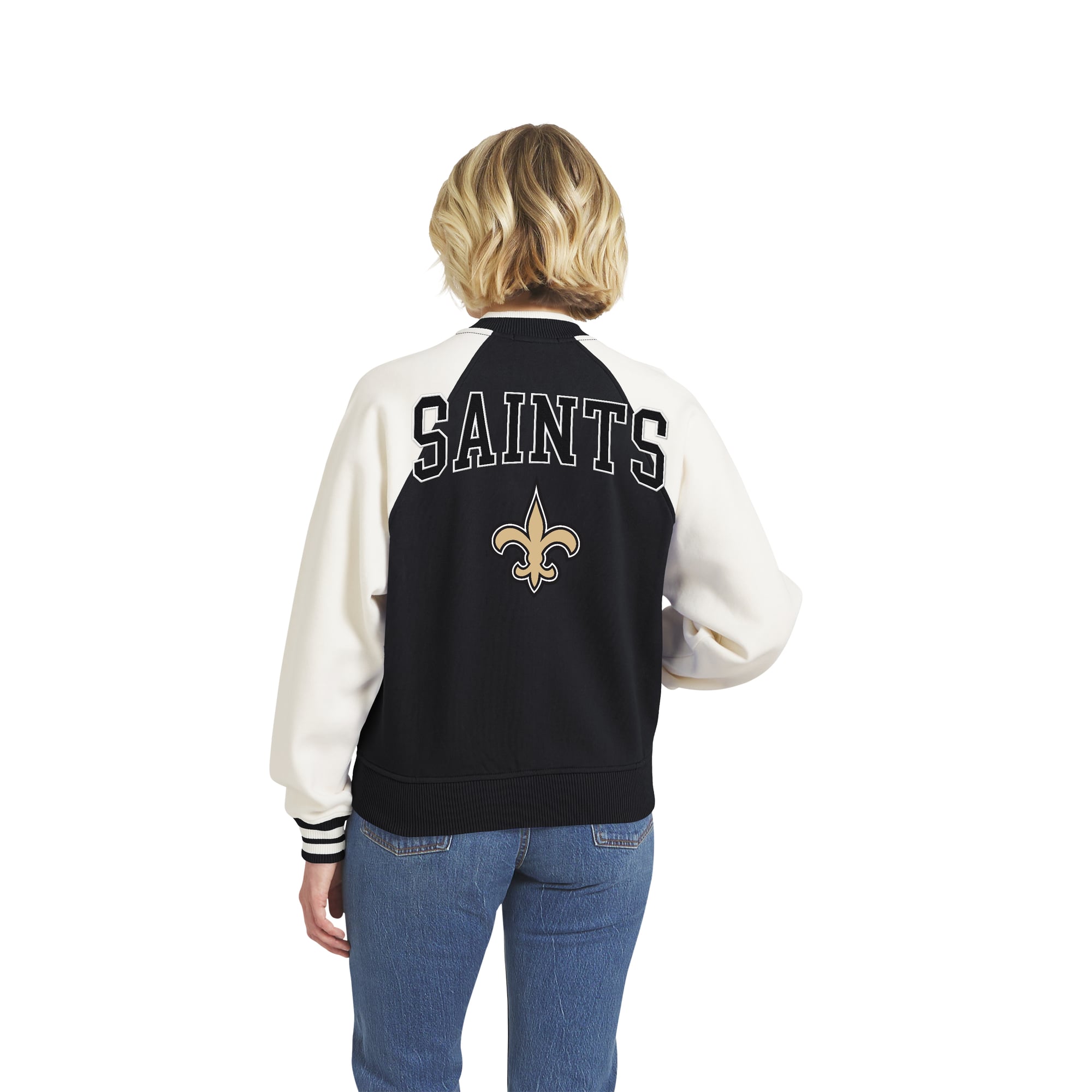 Women's WEAR by Erin Andrews Black New Orleans Saints Full-Zip Fleece Varsity Jacket