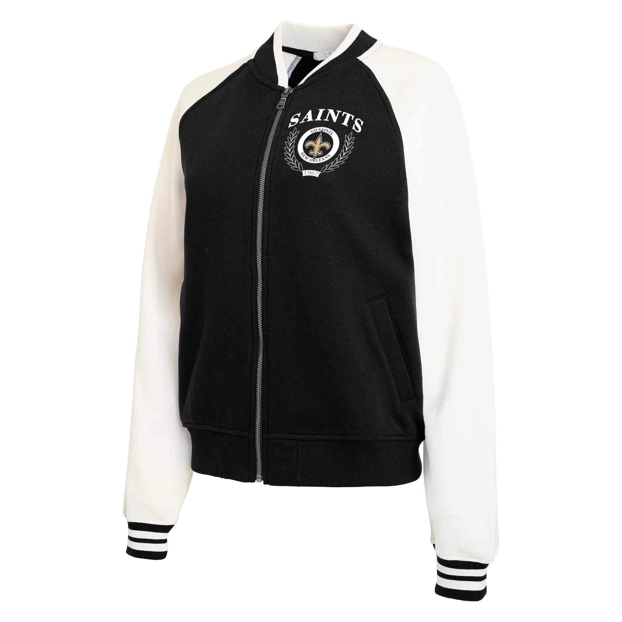 Women's WEAR by Erin Andrews Black New Orleans Saints Full-Zip Fleece Varsity Jacket