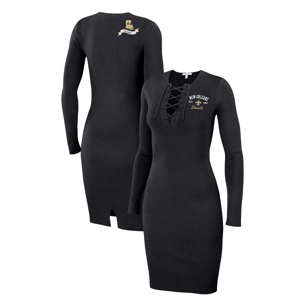 new orleans saints dresses for ladies Women's WEAR by Erin Andrews Black Lace Up Long Sleeve Dress New fashion