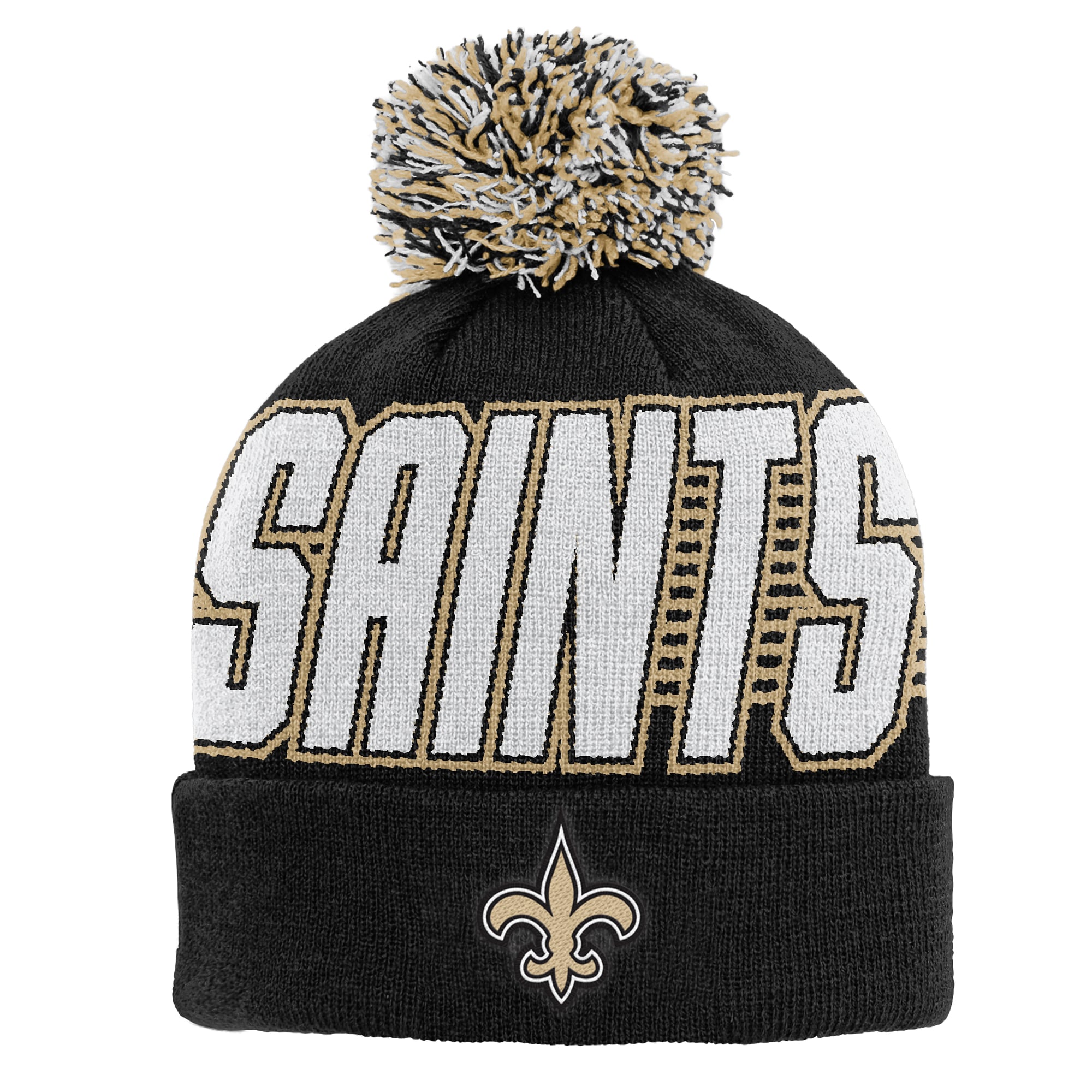 Bonnet tricoté noir à revers avec pompon, modèle New Orleans Saints, pour enfant (Outerstuff).