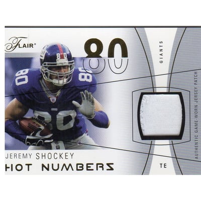 2004 Flair Hot Numbers Game Used Gold Patches #HNJS Jeremy Shockey/80