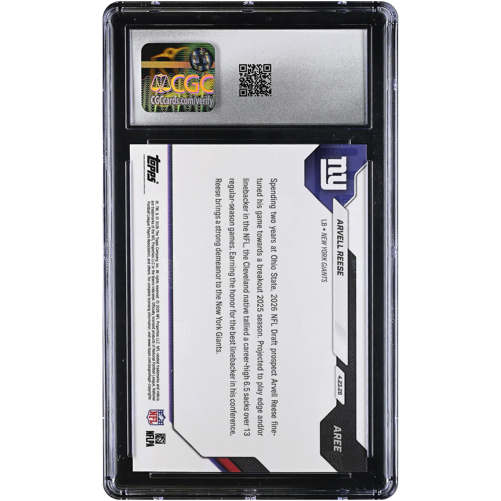 Arvell Reese New York Giants 2026 Topps Now Giants 5th Overall '26 NFL Draft Selection Gold Foil #AREE #/50 CGC Authenticated 9 Rookie Card