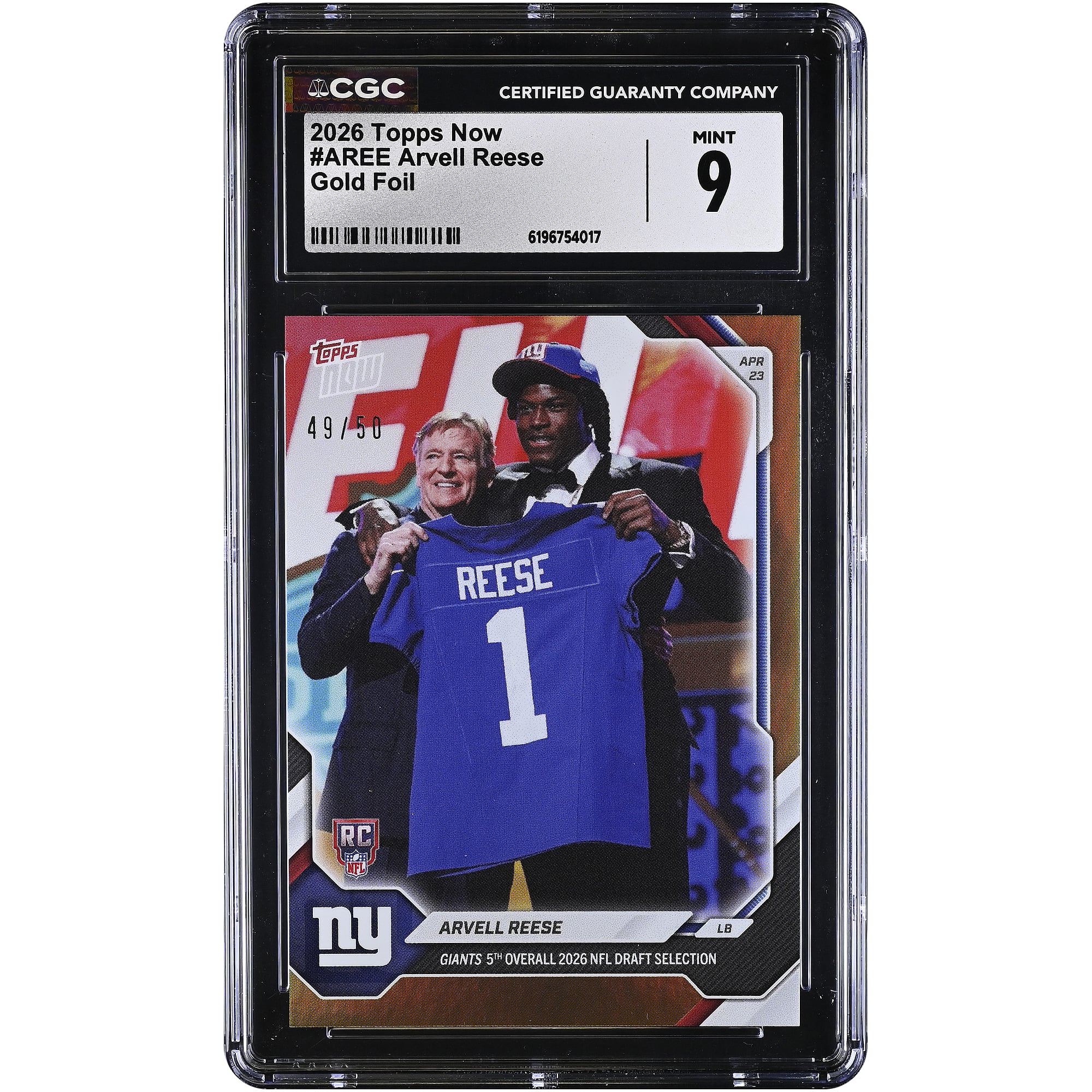 Arvell Reese New York Giants 2026 Topps Now Giants 5th Overall '26 NFL Draft Selection Gold Foil #AREE #/50 CGC Authenticated 9 Rookie Card