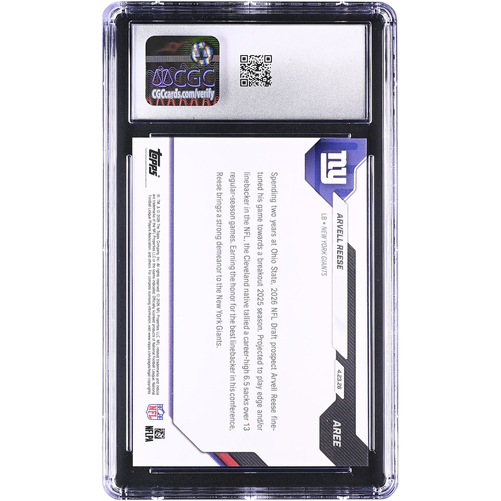 Arvell Reese New York Giants 2026 Topps Now Giants 5th Overall '26 NFL Draft Selection #AREE CGC Authenticated GEM MINT 10 Rookie Card