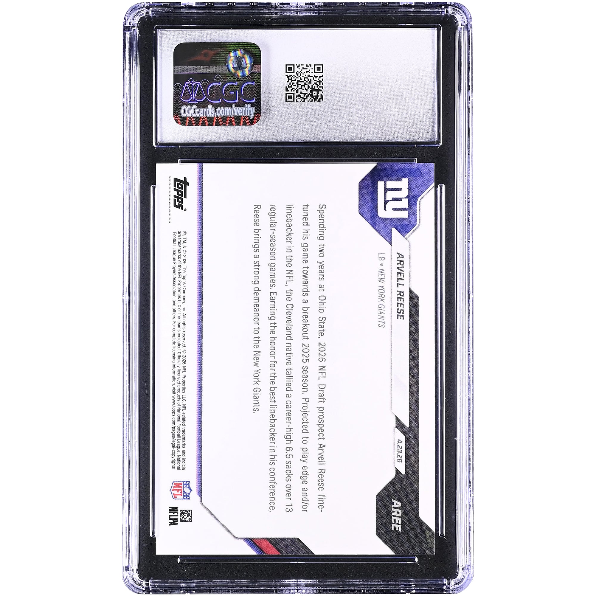 Arvell Reese New York Giants 2026 Topps Now Giants 5th Overall '26 NFL Draft Selection #AREE CGC Authenticated MINT+ 9.5 Rookie Card