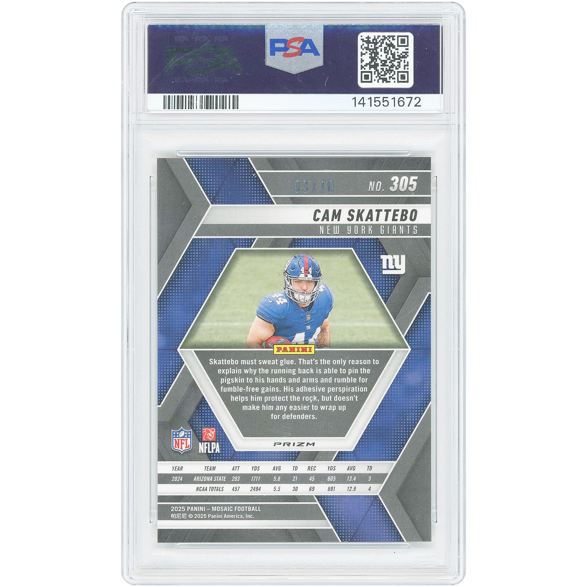 Cam Skattebo New York Giants 2025 Panini Mosaic Gold #305 #3/10 PSA Authenticated 10 Rookie Card