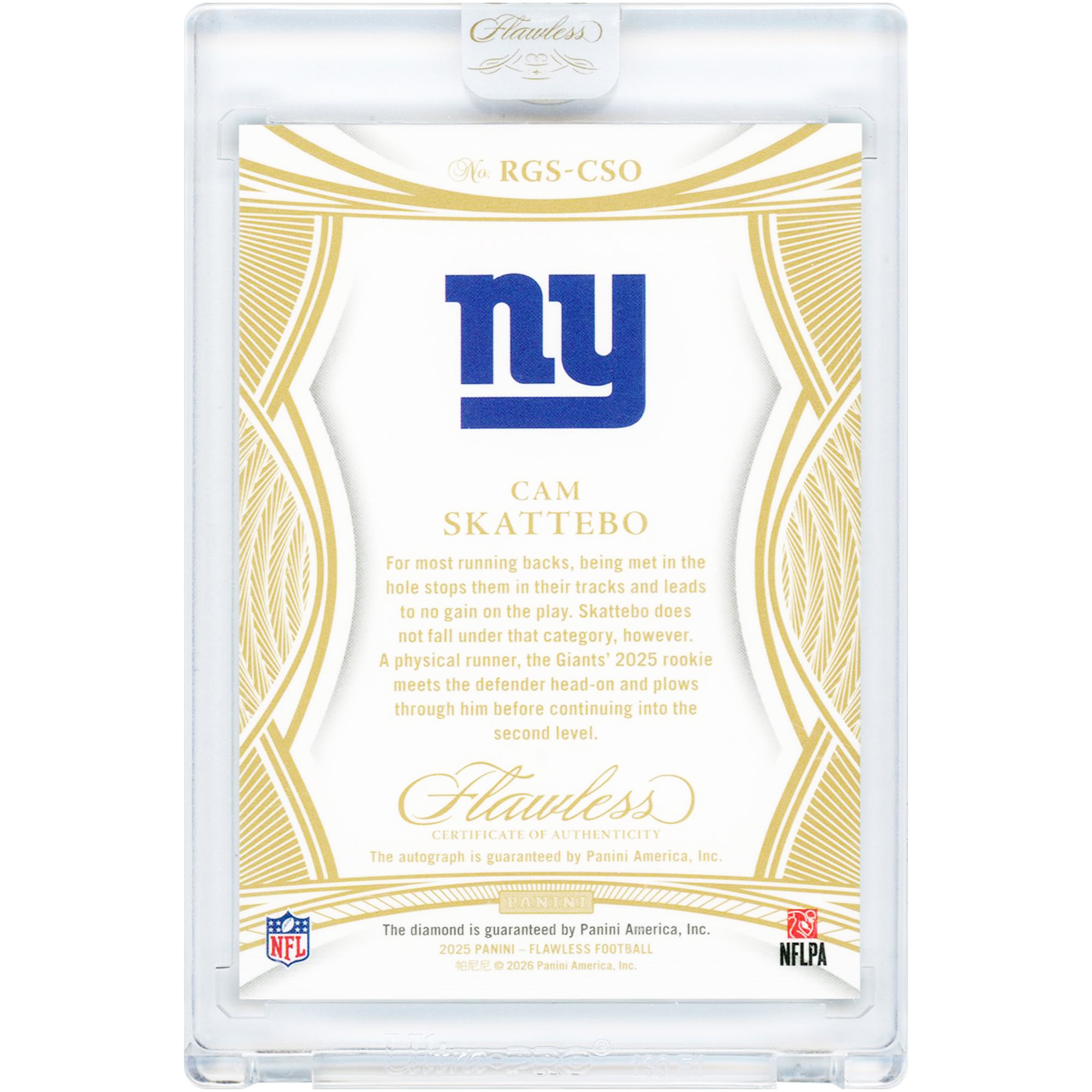 Cam Skattebo New York Giants Autographed 2025 Panini Flawless Diamond Gem Relic #RGS-CSO #1/10 Rookie Card