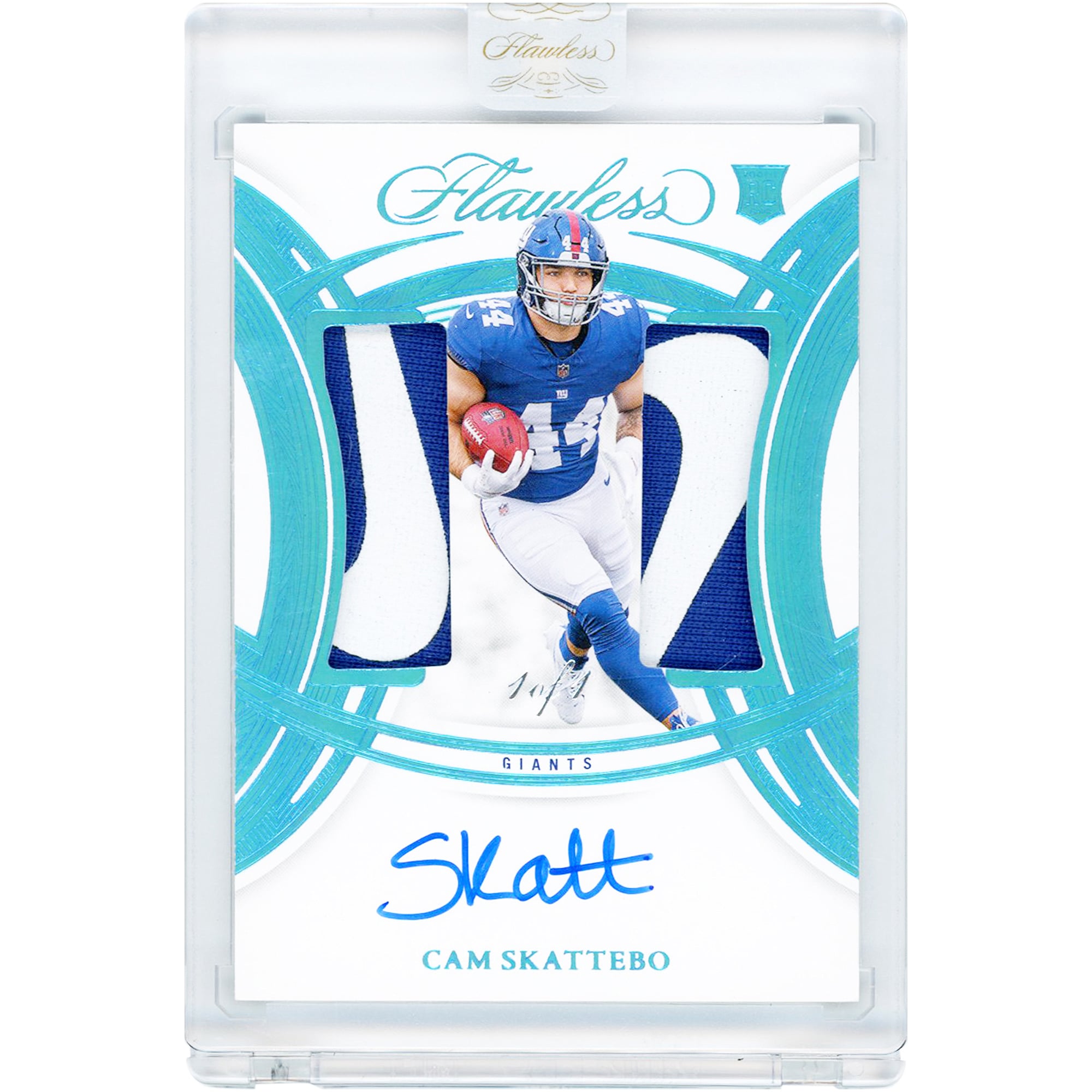 Cam Skattebo New York Giants Autographed 2025 Panini Flawless Platinum Rookie Dual Patch Nike Logo Dual-Color Relics #RDPA-CSO #1/1 Rookie Card