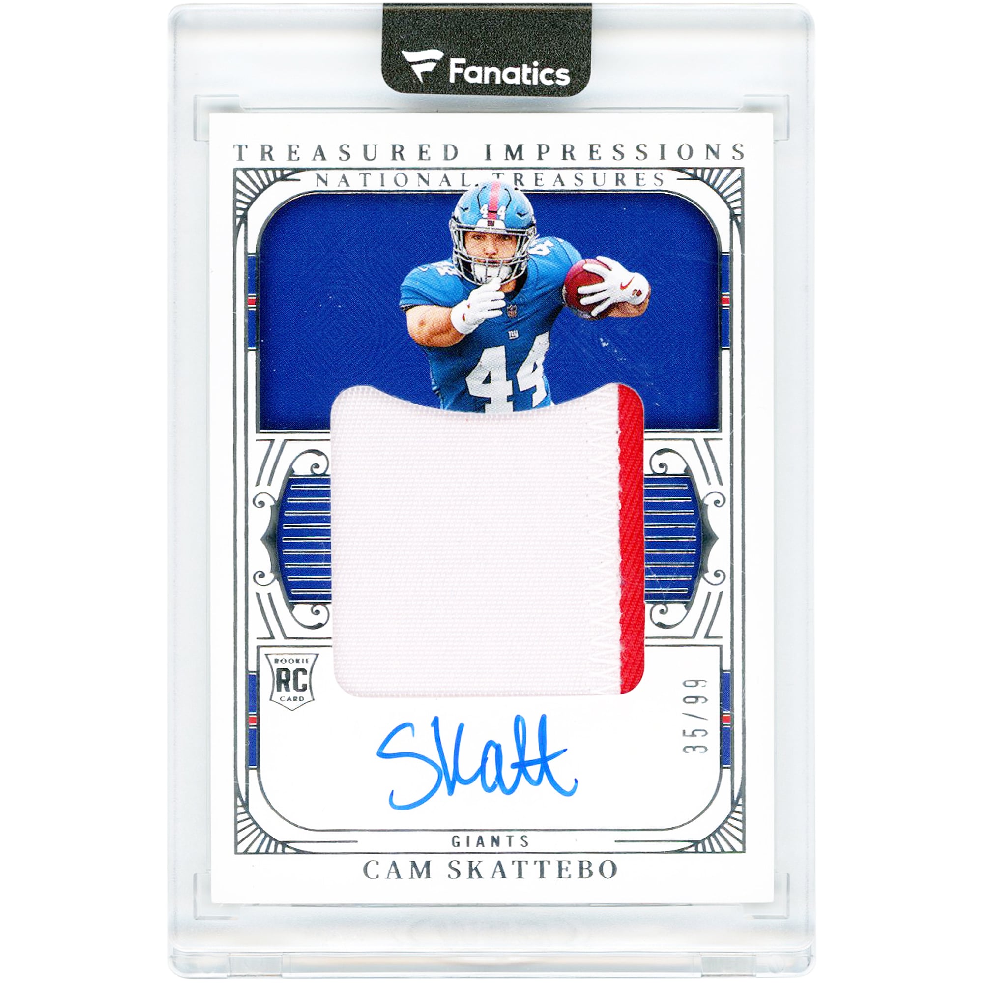Cam Skattebo New York Giants Autographed 2025 Panini National Treasures Rookie Treasured Impressions Dual-Color Jersey Relic #RTI-CSO #35/99 Rookie Card