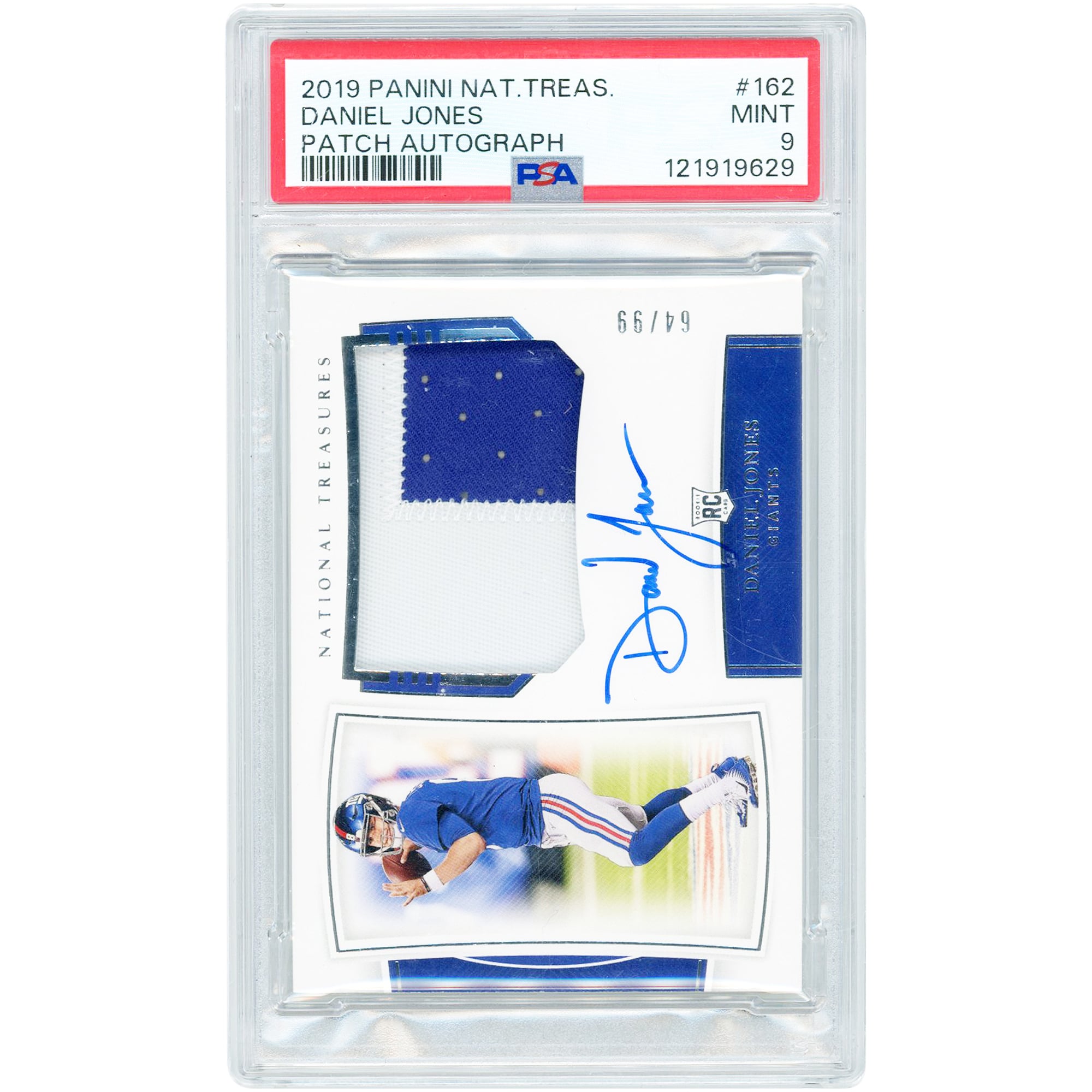 Carte de recrue autographiée de Daniel Jones (New York Giants) 2019 Panini National Treasures Dual-Color Relic RPA #162 #64/99, authentifiée PSA 9