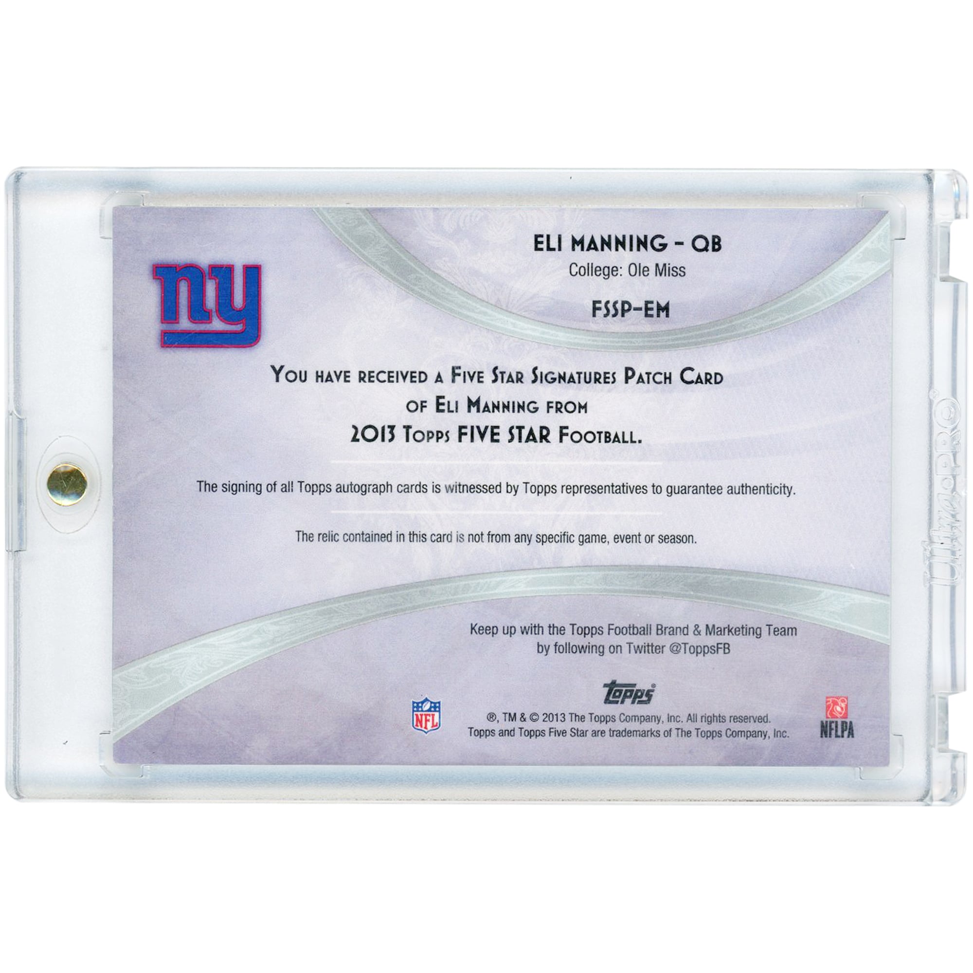 Carte autographiée par Eli Manning des Giants de New York, collection Topps Five Star Game Relic 2013 #FSSP-EM #15/75
