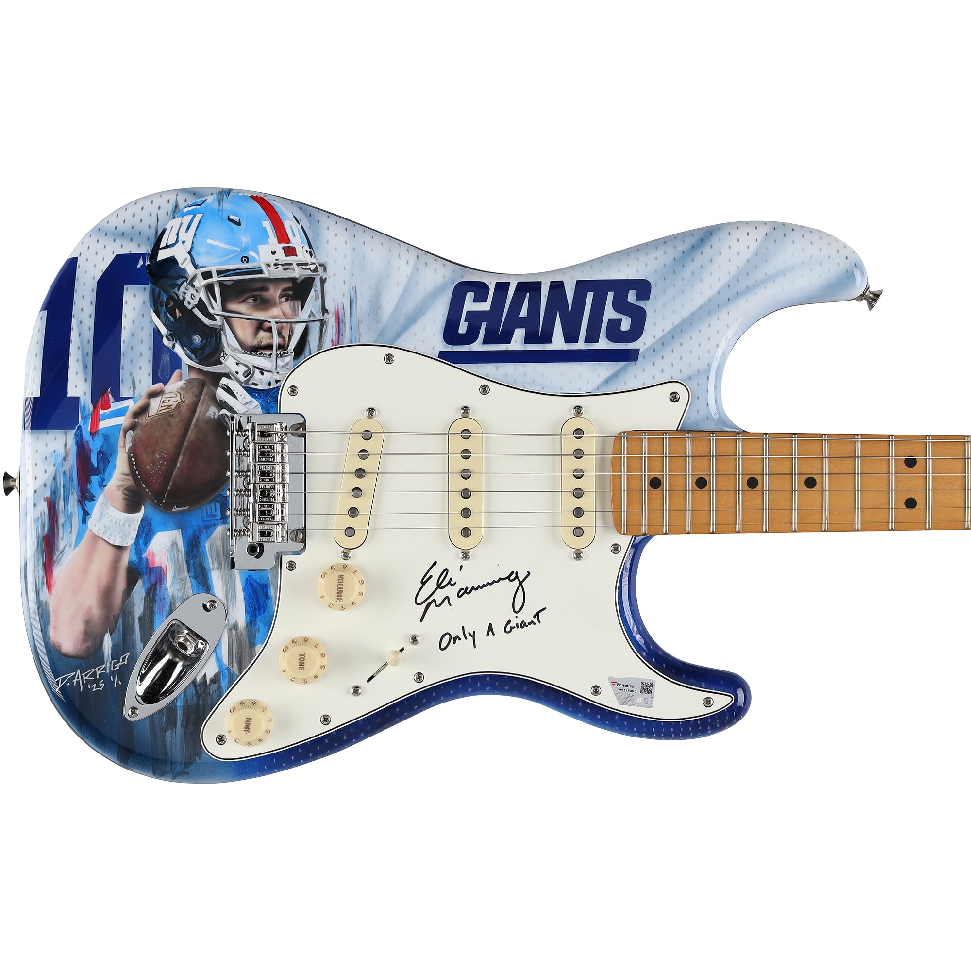 Guitare Fender Stratocaster autographiée par Eli Manning (New York Giants) avec inscription « Only a Giant » - Illustration de David Arrigo - Édition limitée n° 1/1