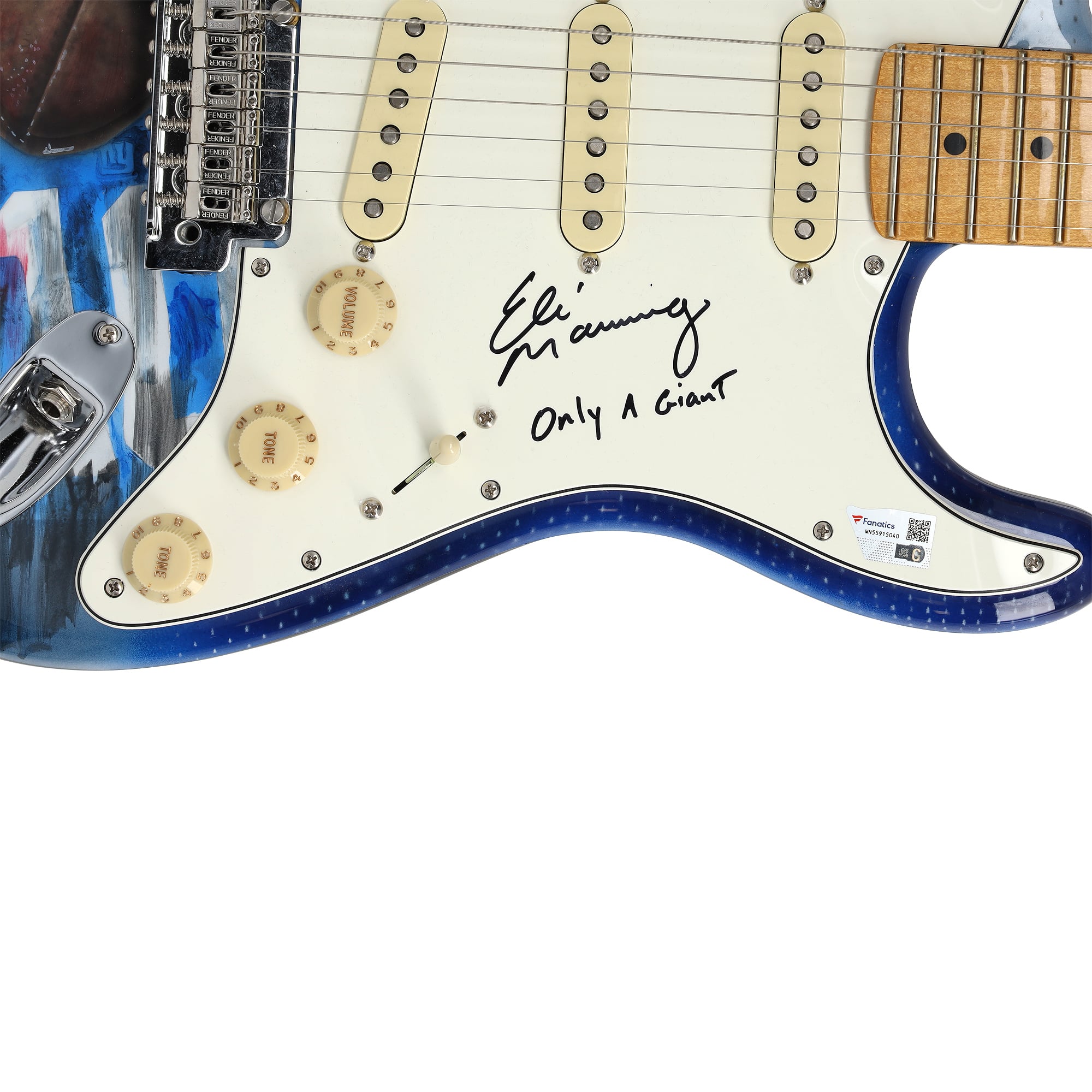 Guitare Fender Stratocaster autographiée par Eli Manning (New York Giants) avec inscription « Only a Giant » - Illustration de David Arrigo - Édition limitée n° 1/1