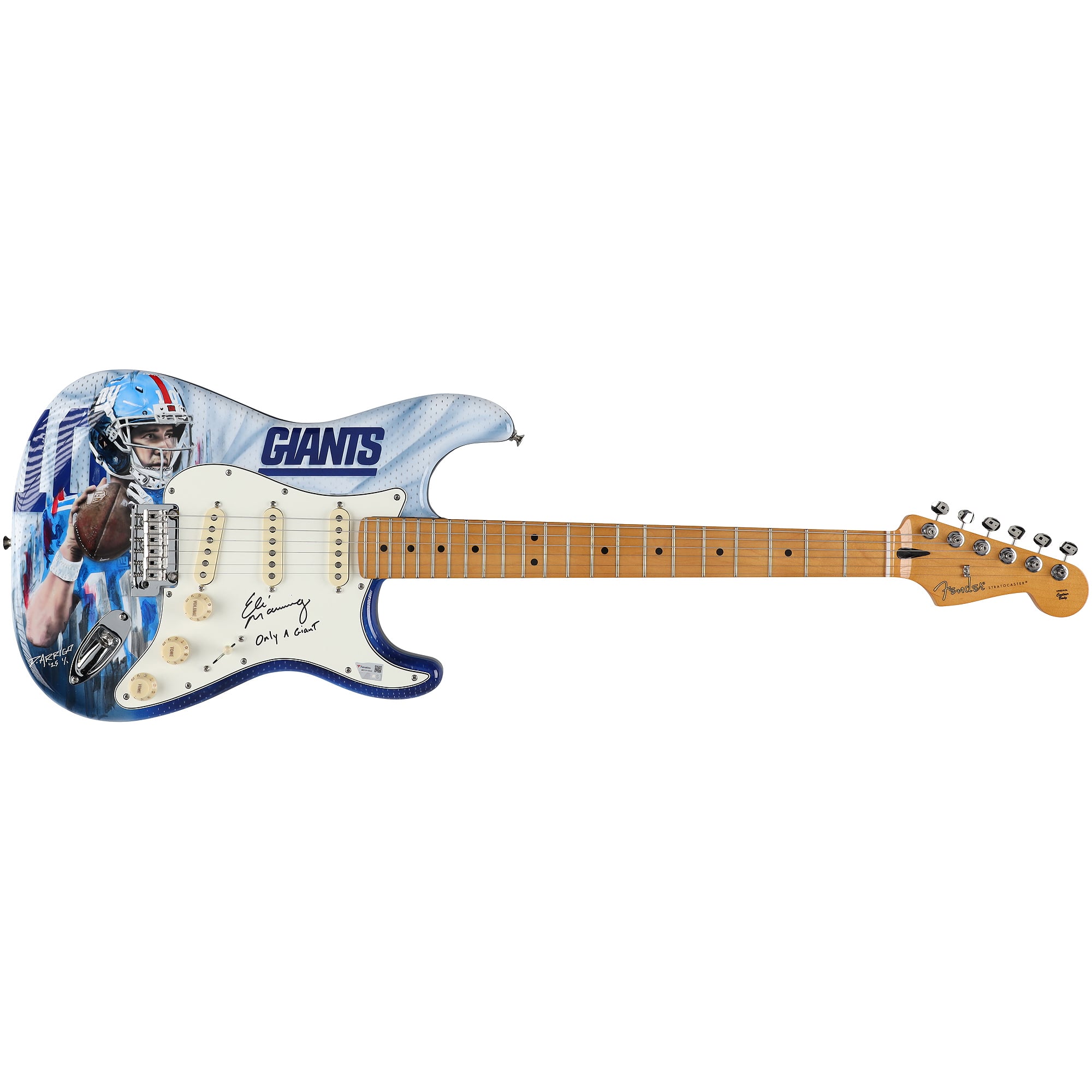 Eli Manning New York Giants Autographed Fender Stratocaster Guitar with "Only a Giant" Inscription - Art by David Arrigo - Limited Edition #1/1