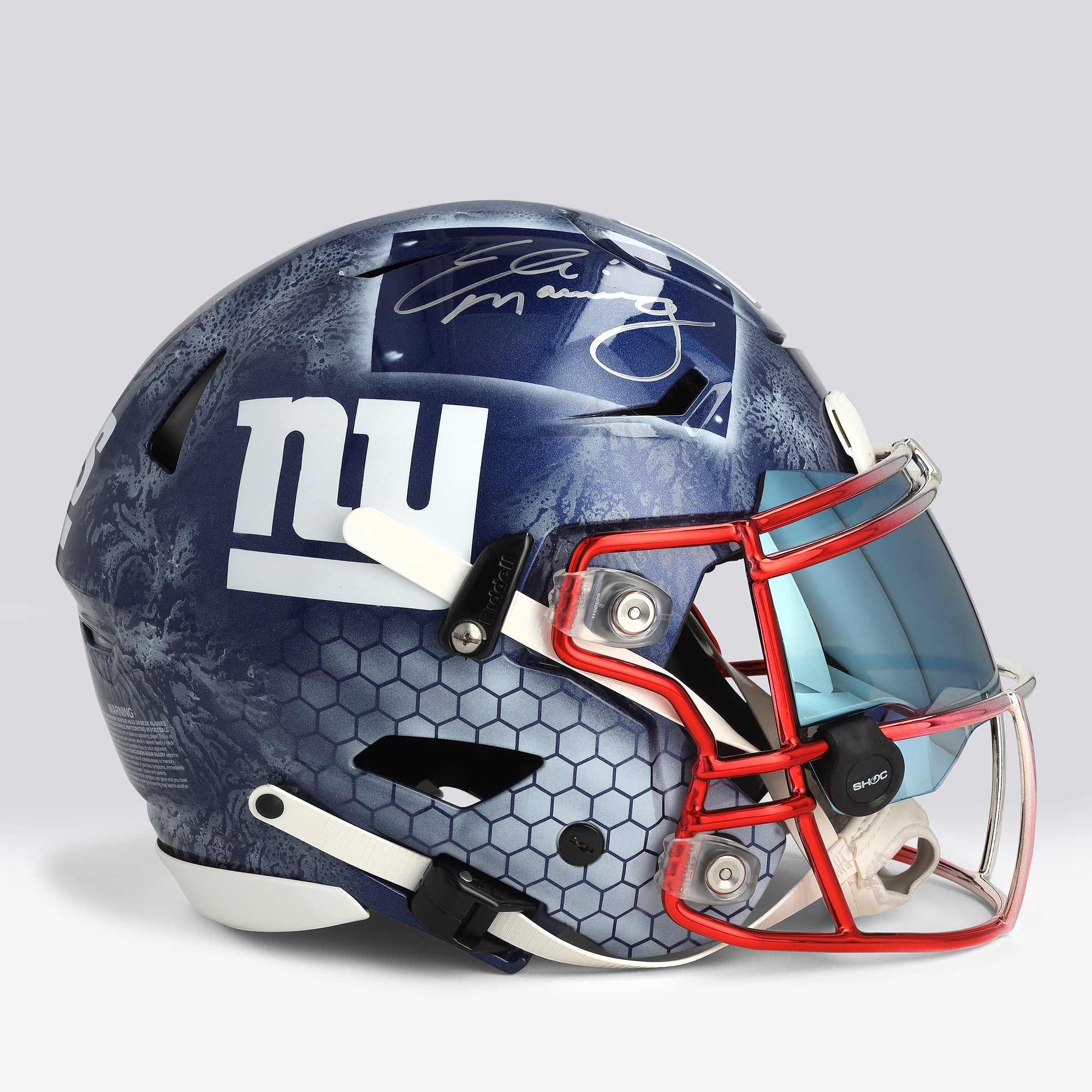 Casque Riddell Speed ​​Flex Authentic autographié par Eli Manning (New York Giants) - Illustration par Art Cabal