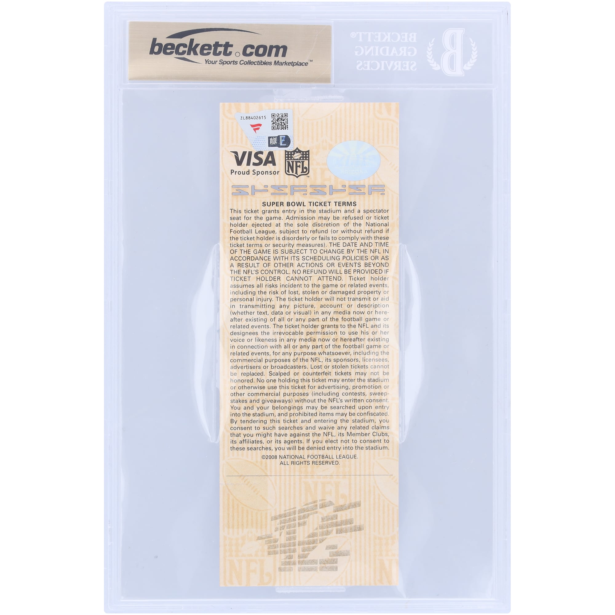 Billet authentifié 10/10 signé Eli Manning New York Giants pour le Super Bowl XLII, avec l'inscription « SB XLII MVP » et témoin des fanatiques de Beckett.